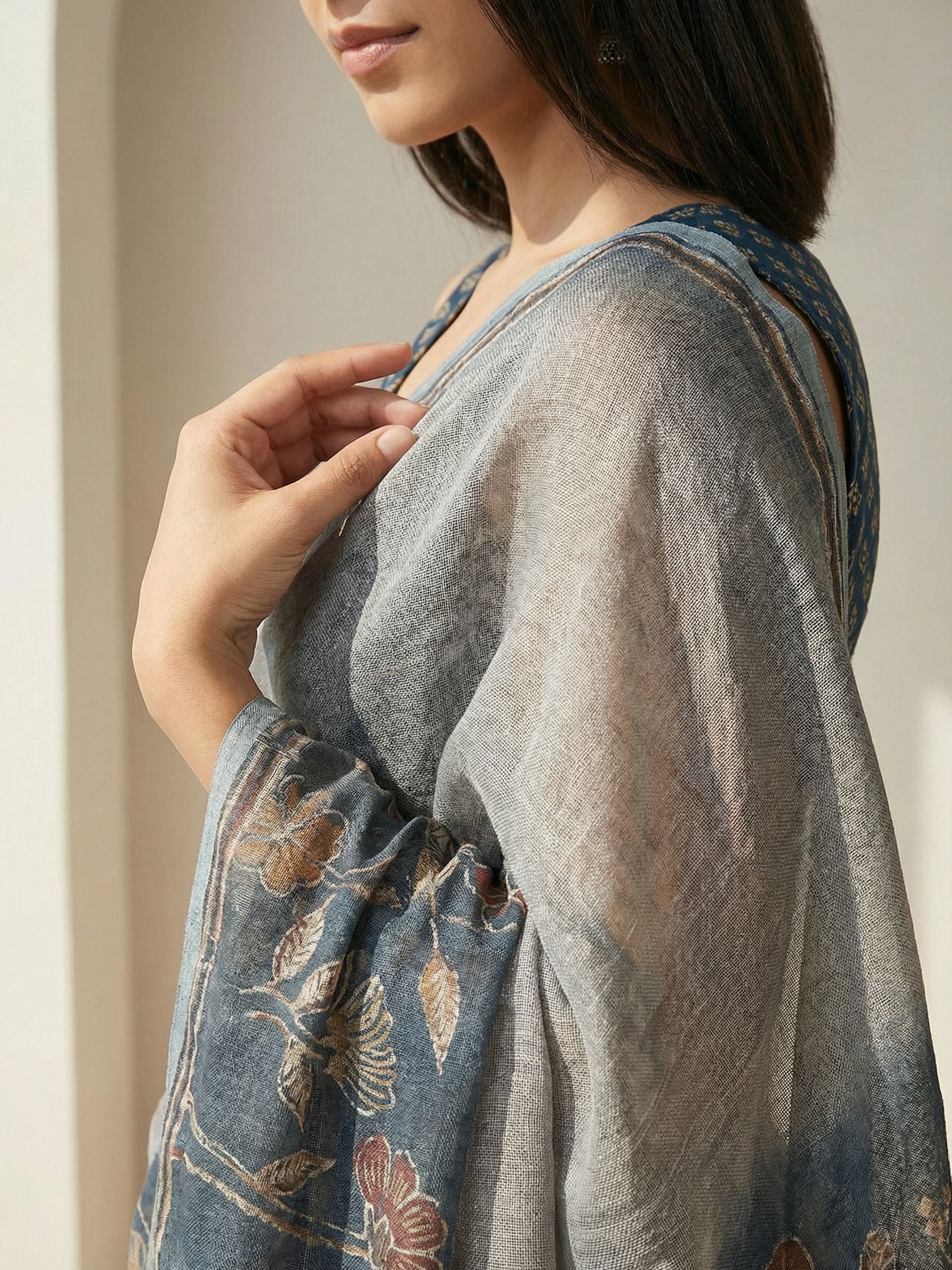 Floral Kota Linen Slate Blue Saree