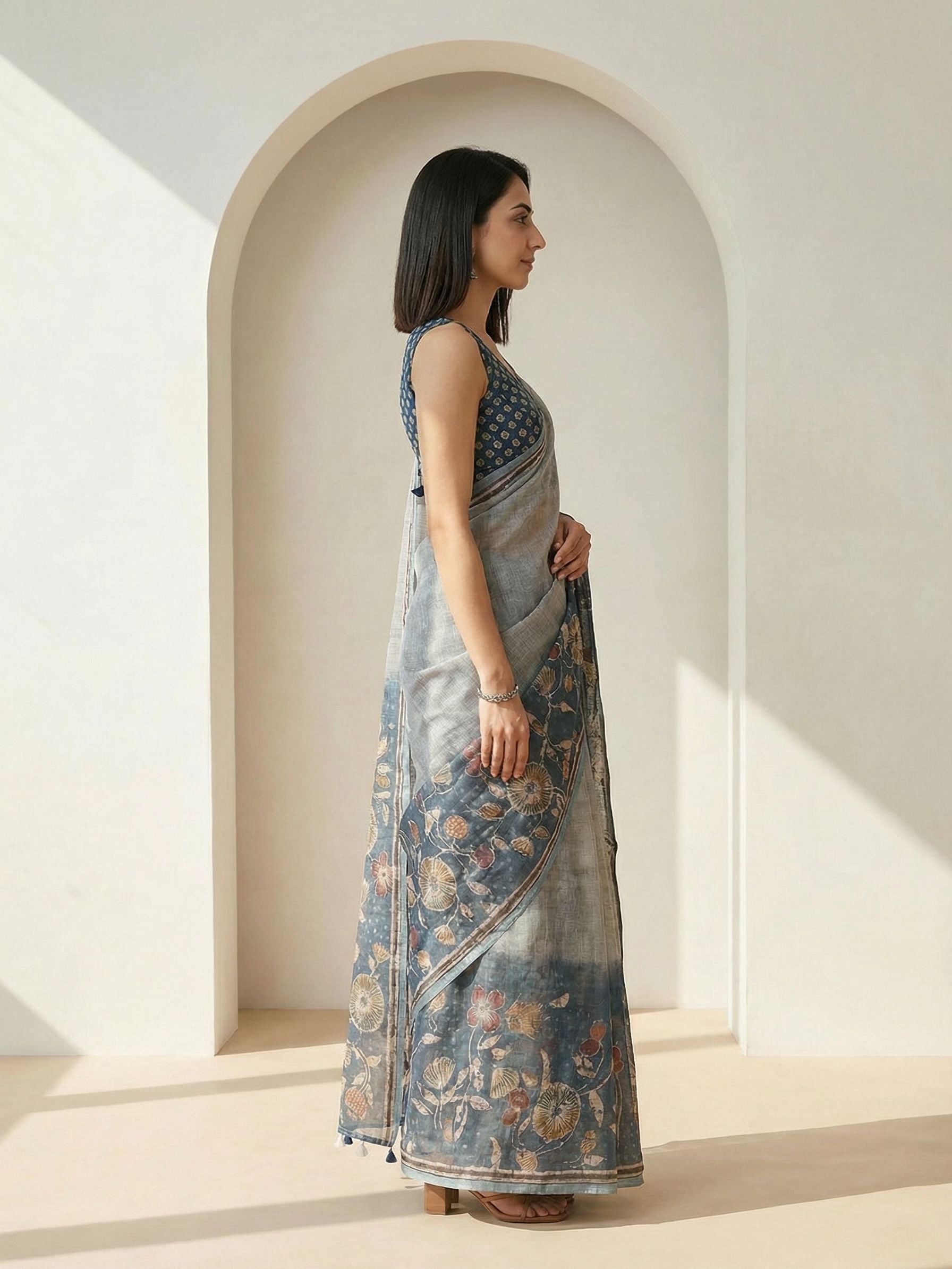 Floral Kota Linen Slate Blue Saree