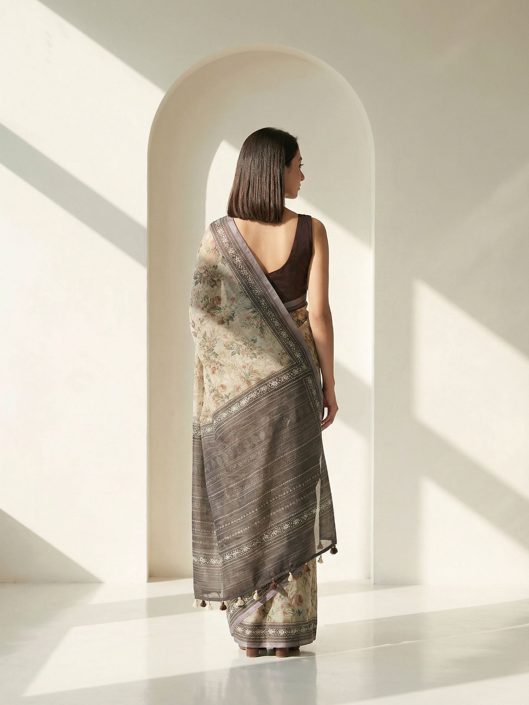 Floral Kota Linen Brown Saree