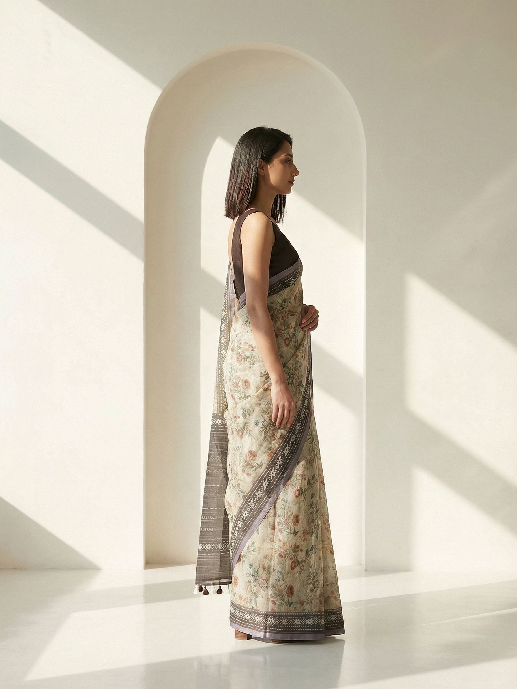 Floral Kota Linen Brown Saree