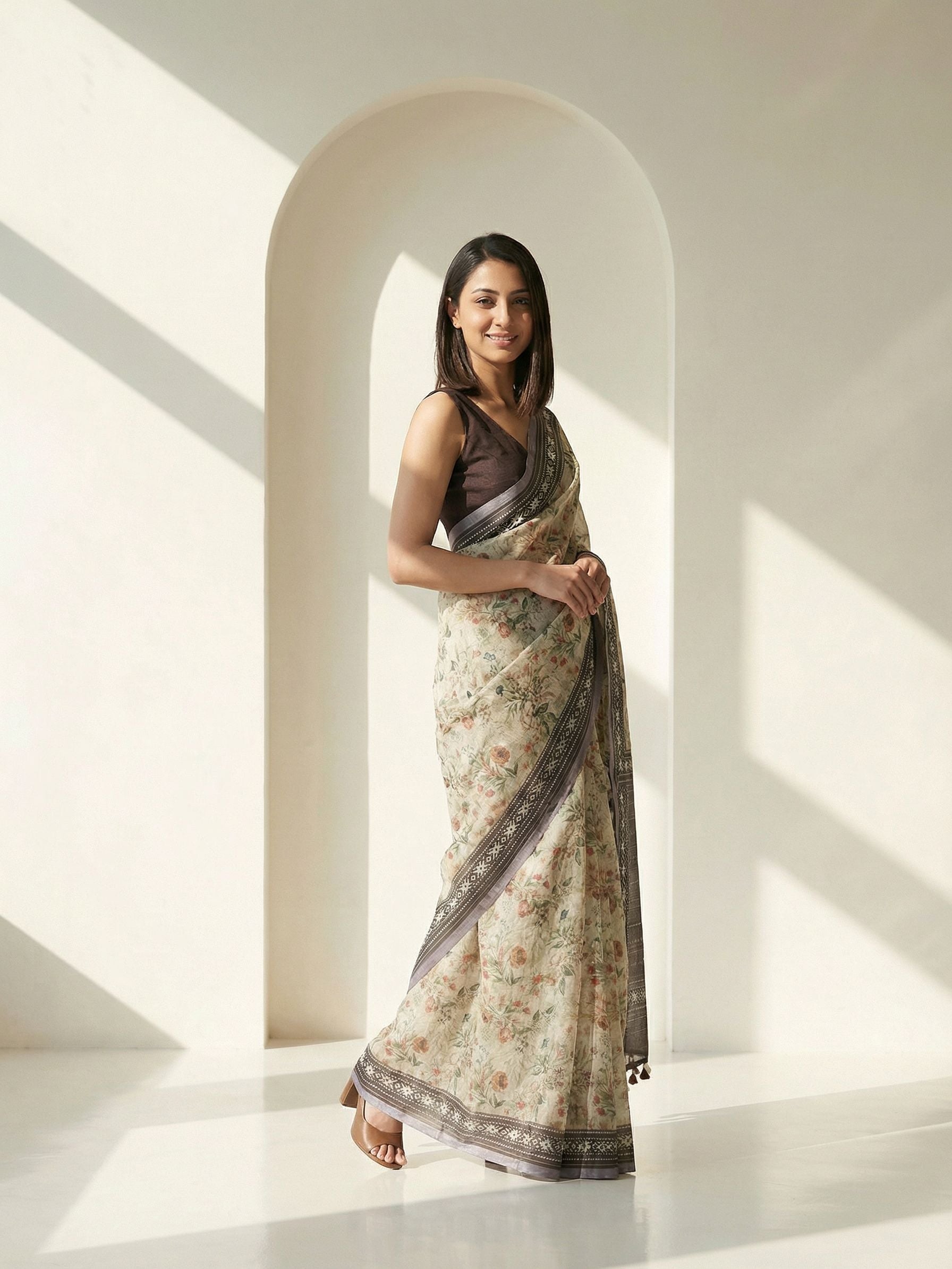 Floral Kota Linen Brown Saree