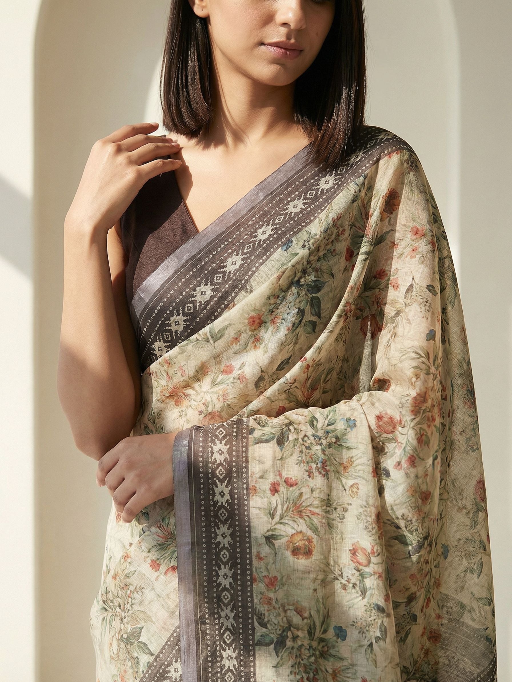 Floral Kota Linen Brown Saree