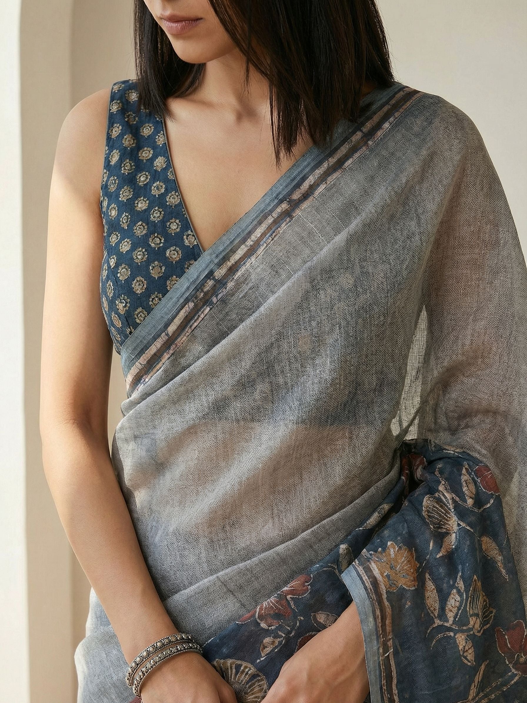 Floral Kota Linen Slate Blue Saree