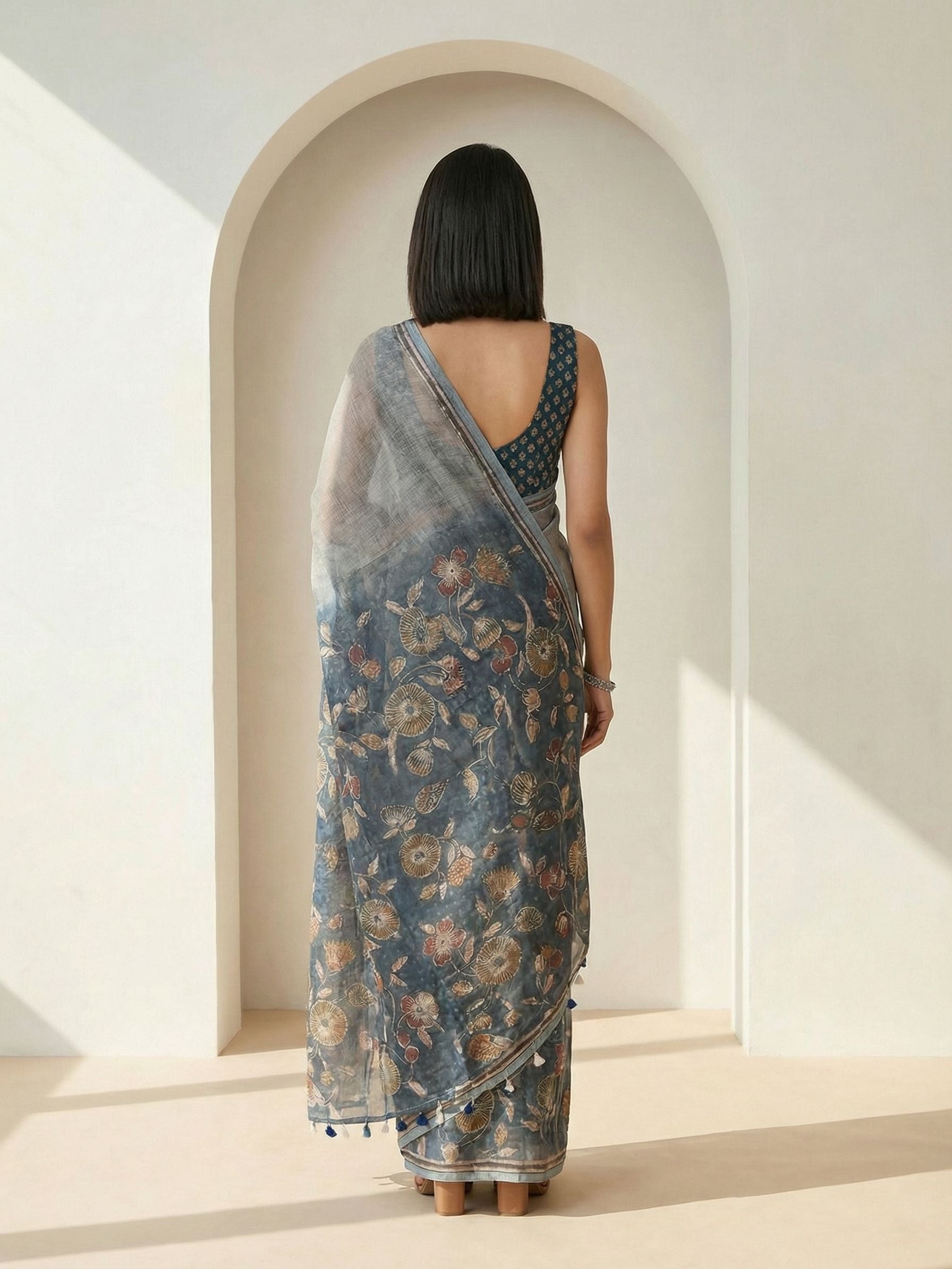 Floral Kota Linen Slate Blue Saree