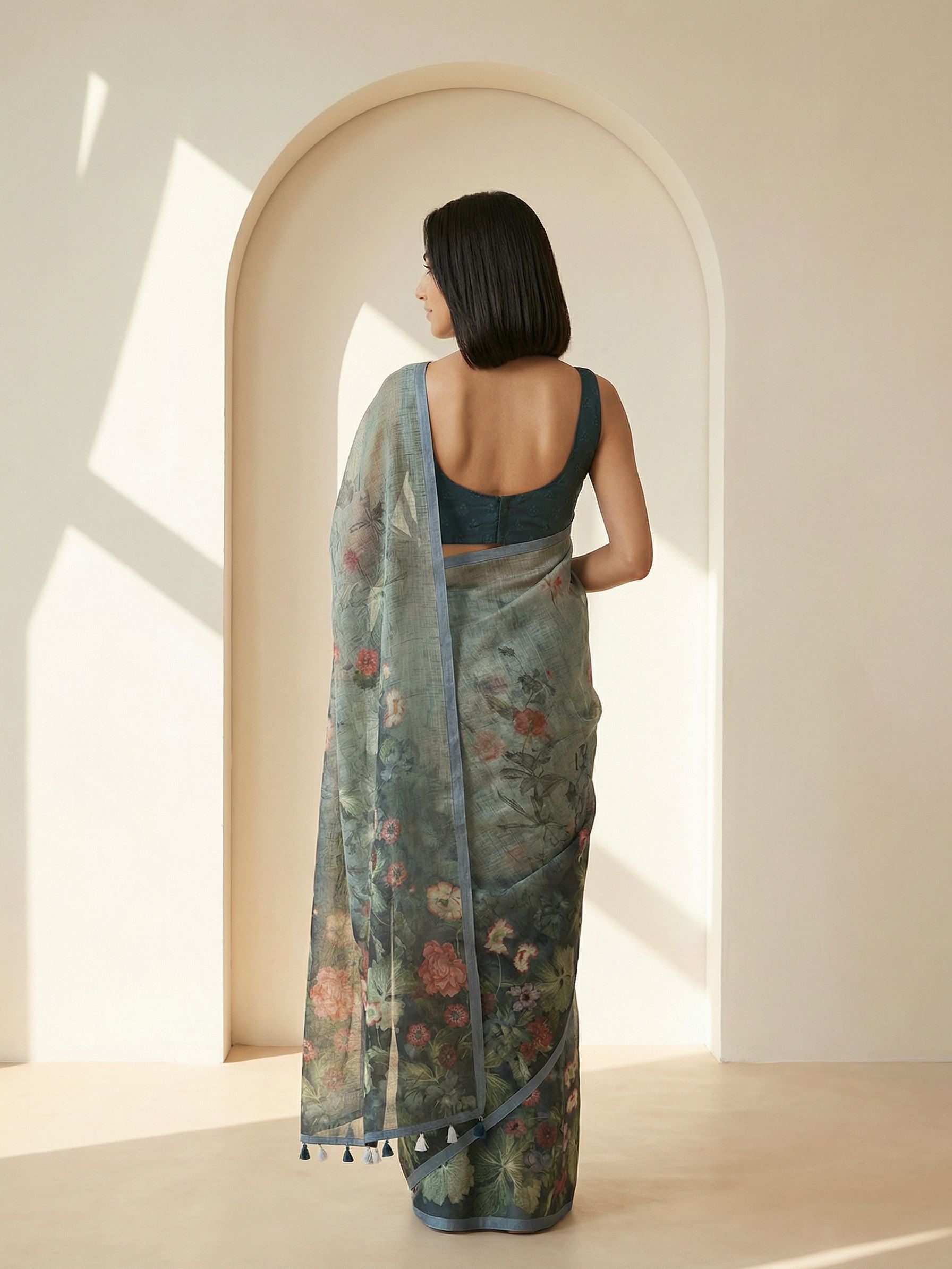 Floral Kota Linen Teal Green Saree