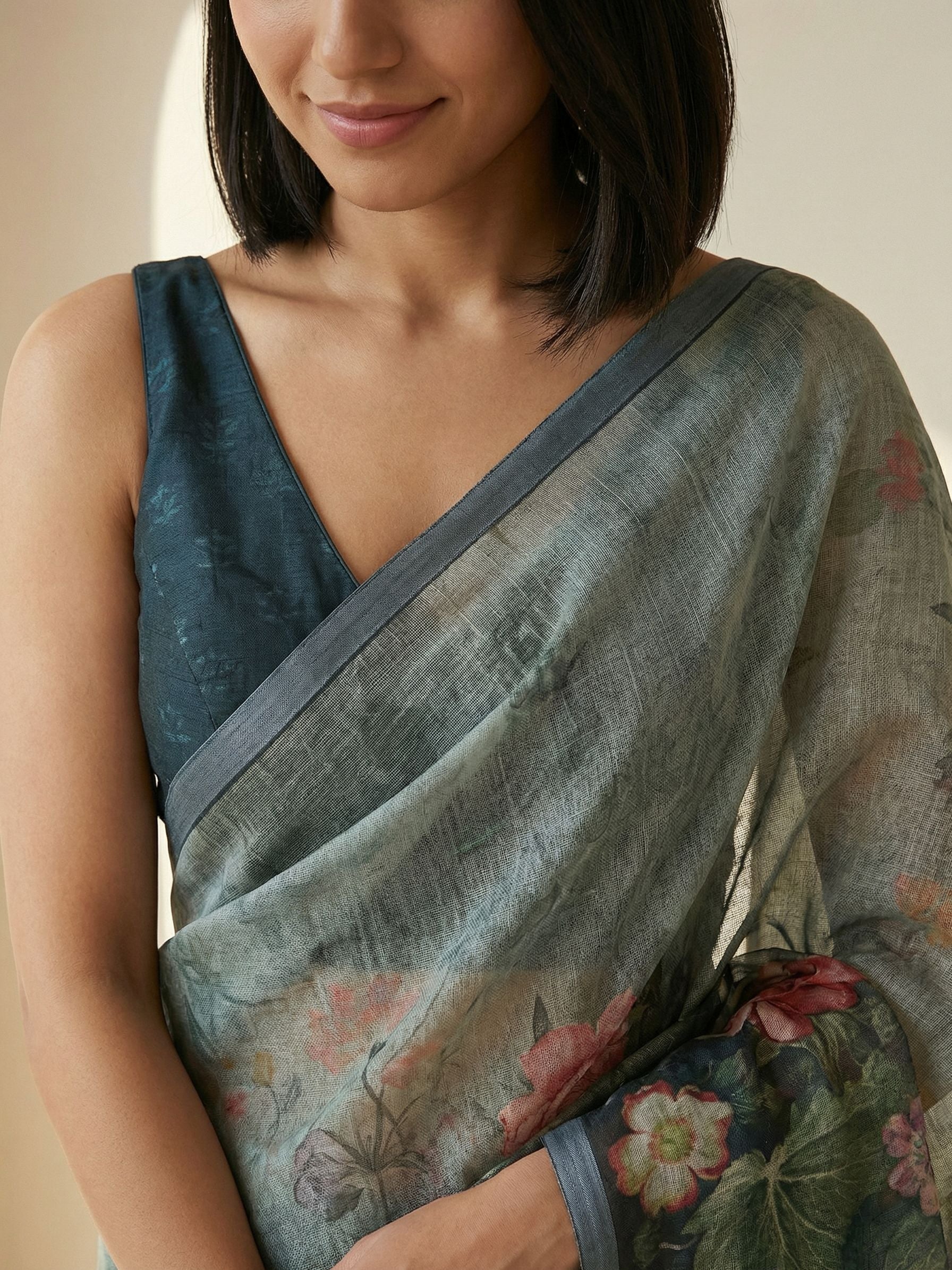 Floral Kota Linen Teal Green Saree