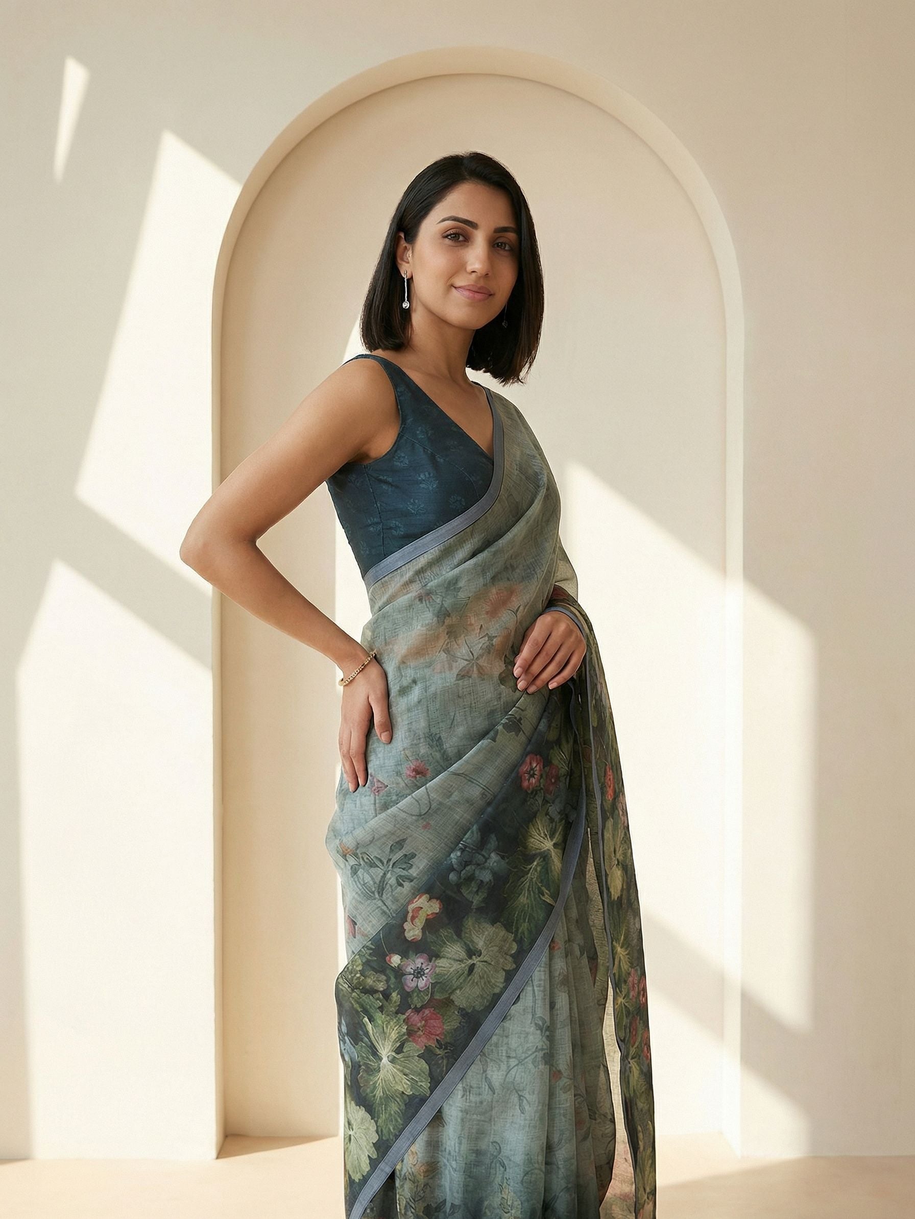 Floral Kota Linen Teal Green Saree