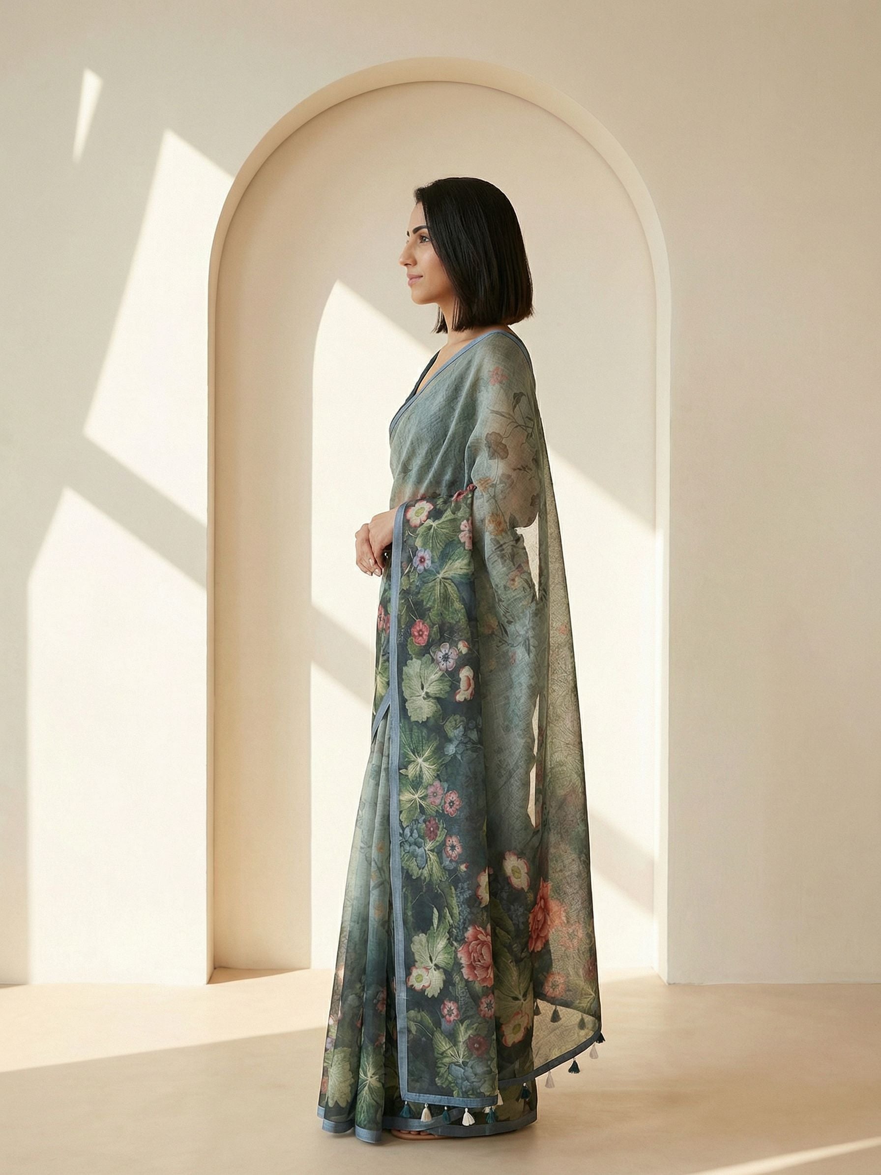 Floral Kota Linen Teal Green Saree