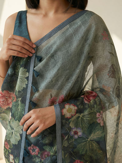 Floral Kota Linen Teal Green Saree