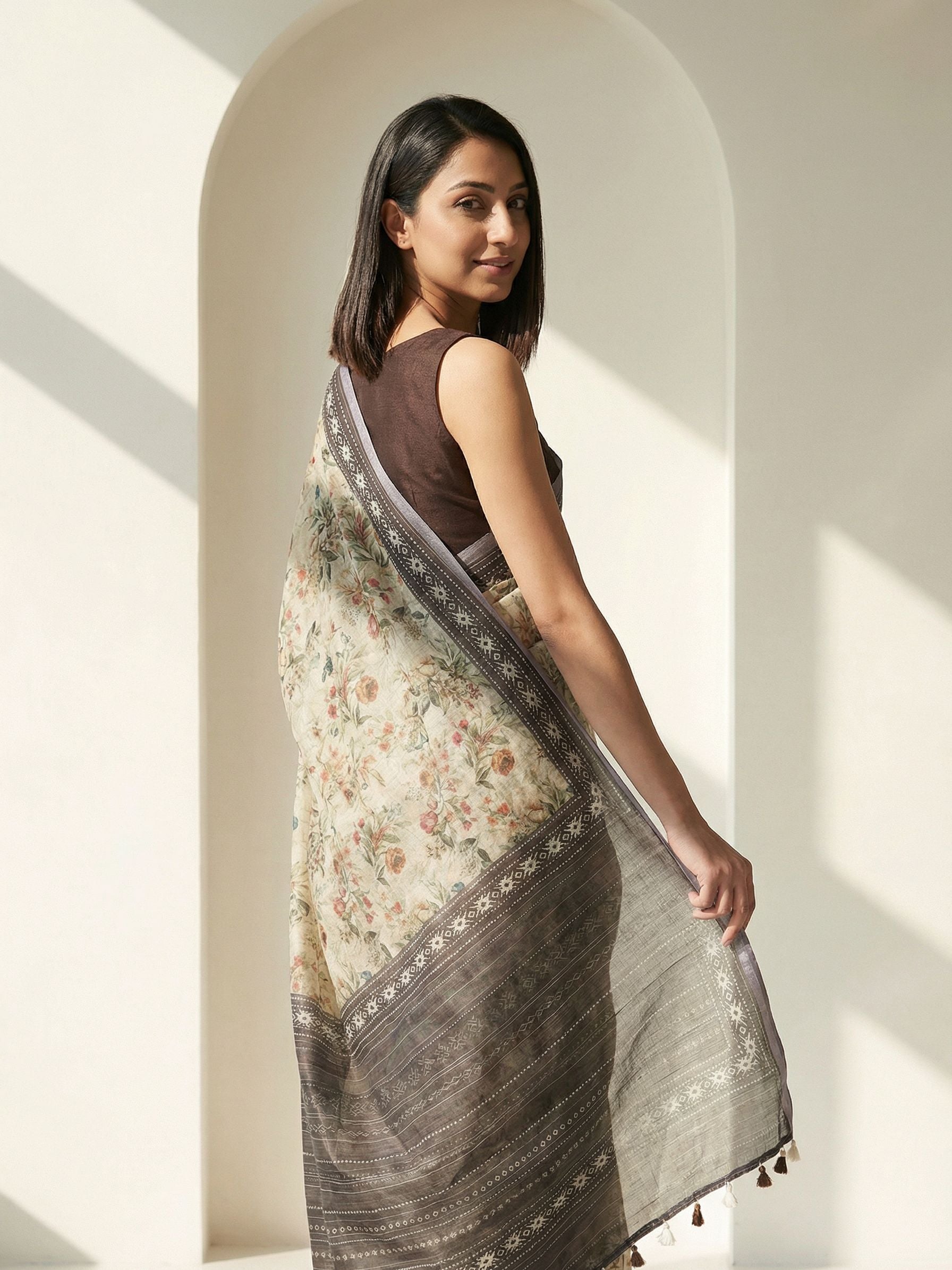 Floral Kota Linen Brown Saree