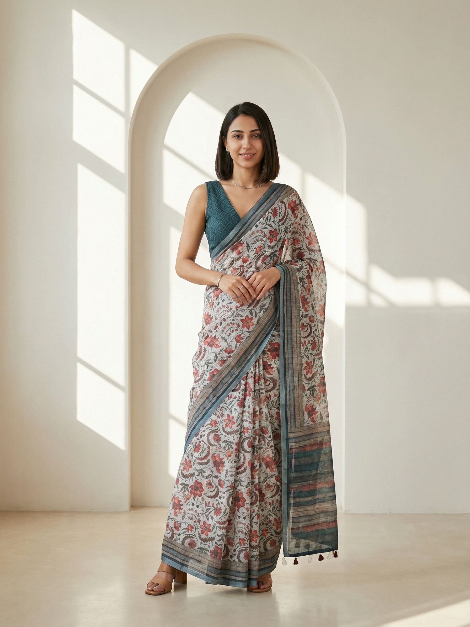 Floral Kota Linen Off-White saree
