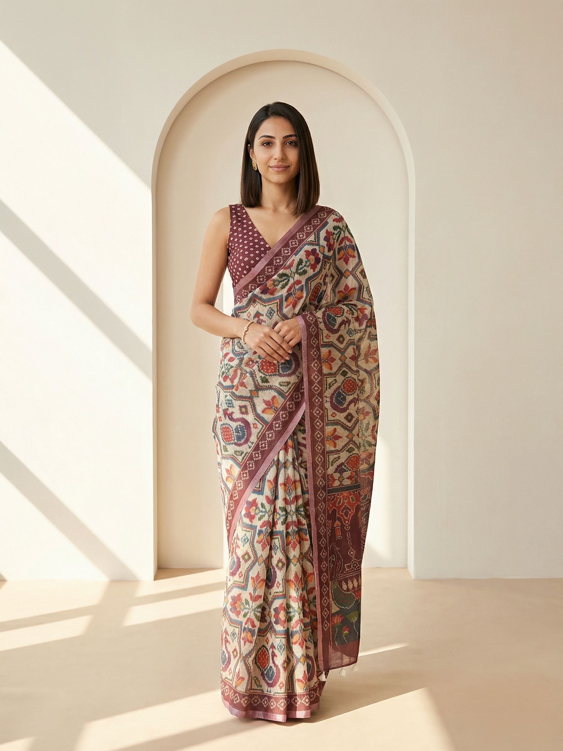 Geometric Kota Linen Maroon Saree
