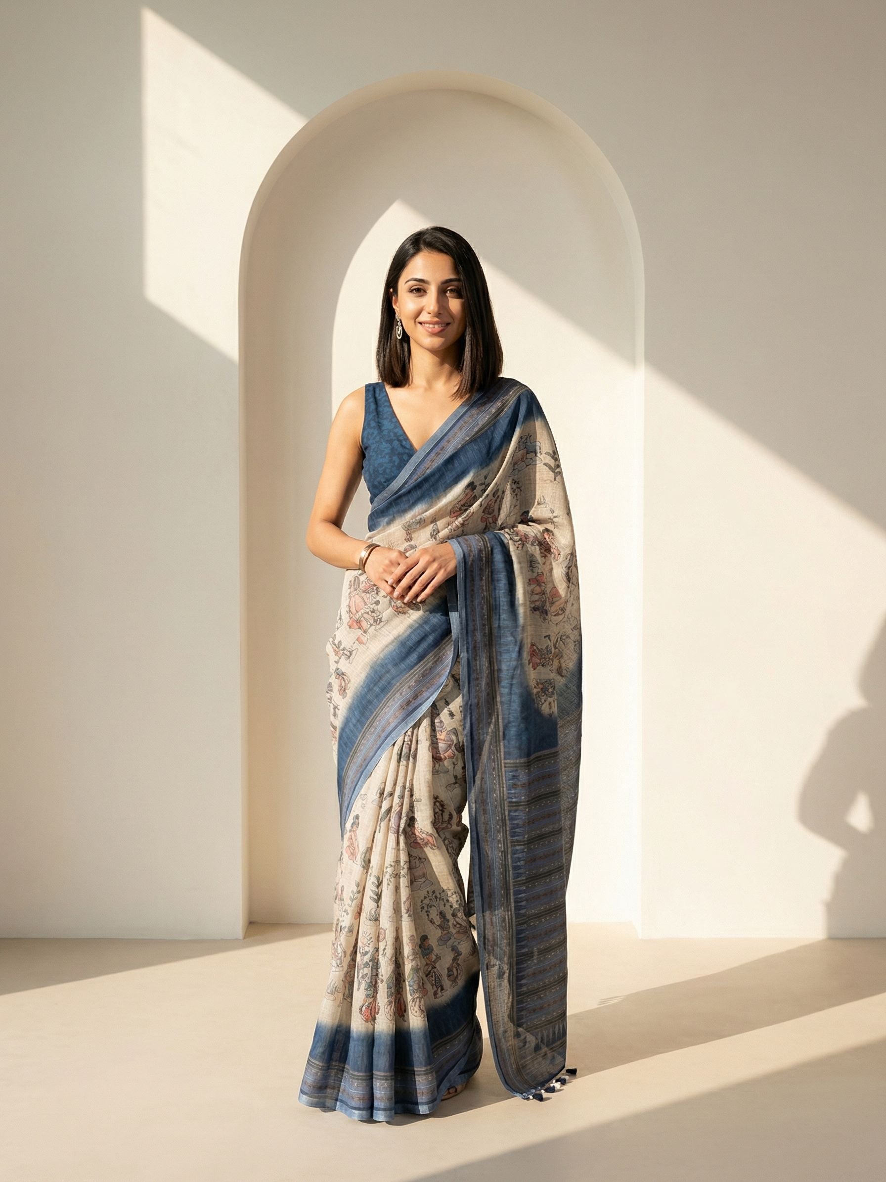 Ethnic Motifs Kota Linen Blue Saree