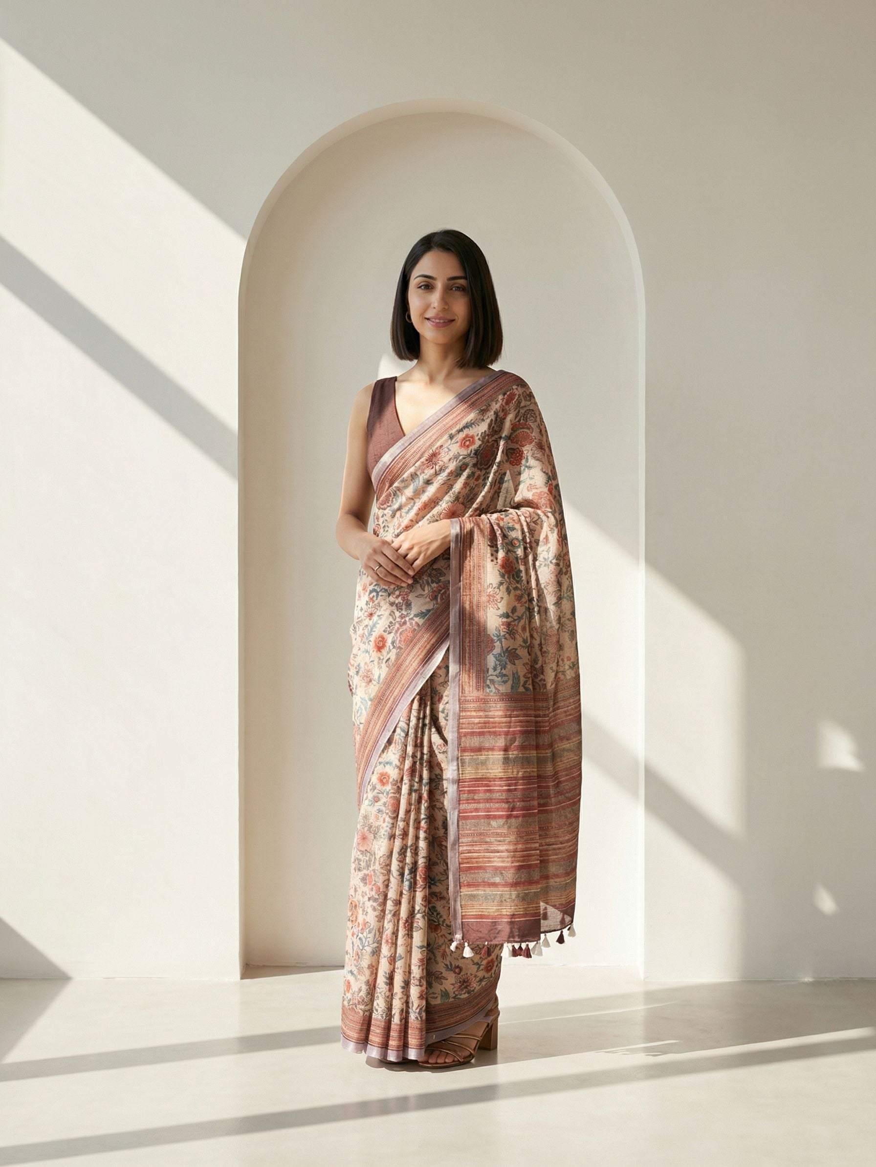 Floral Kota Linen Beige saree