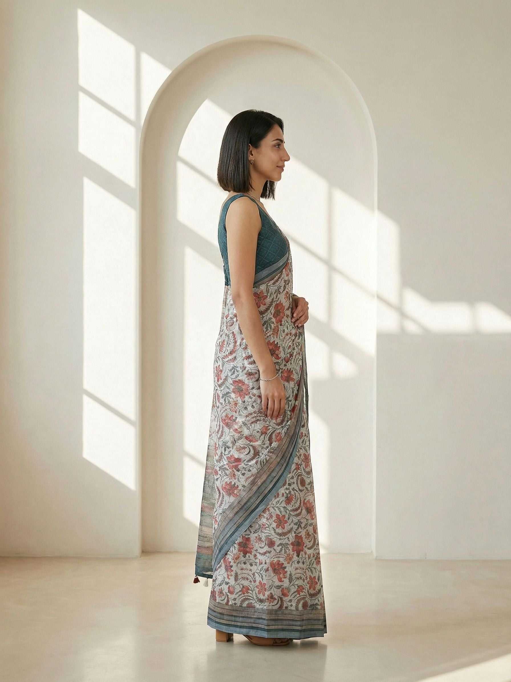 Floral Kota Linen Off-White saree