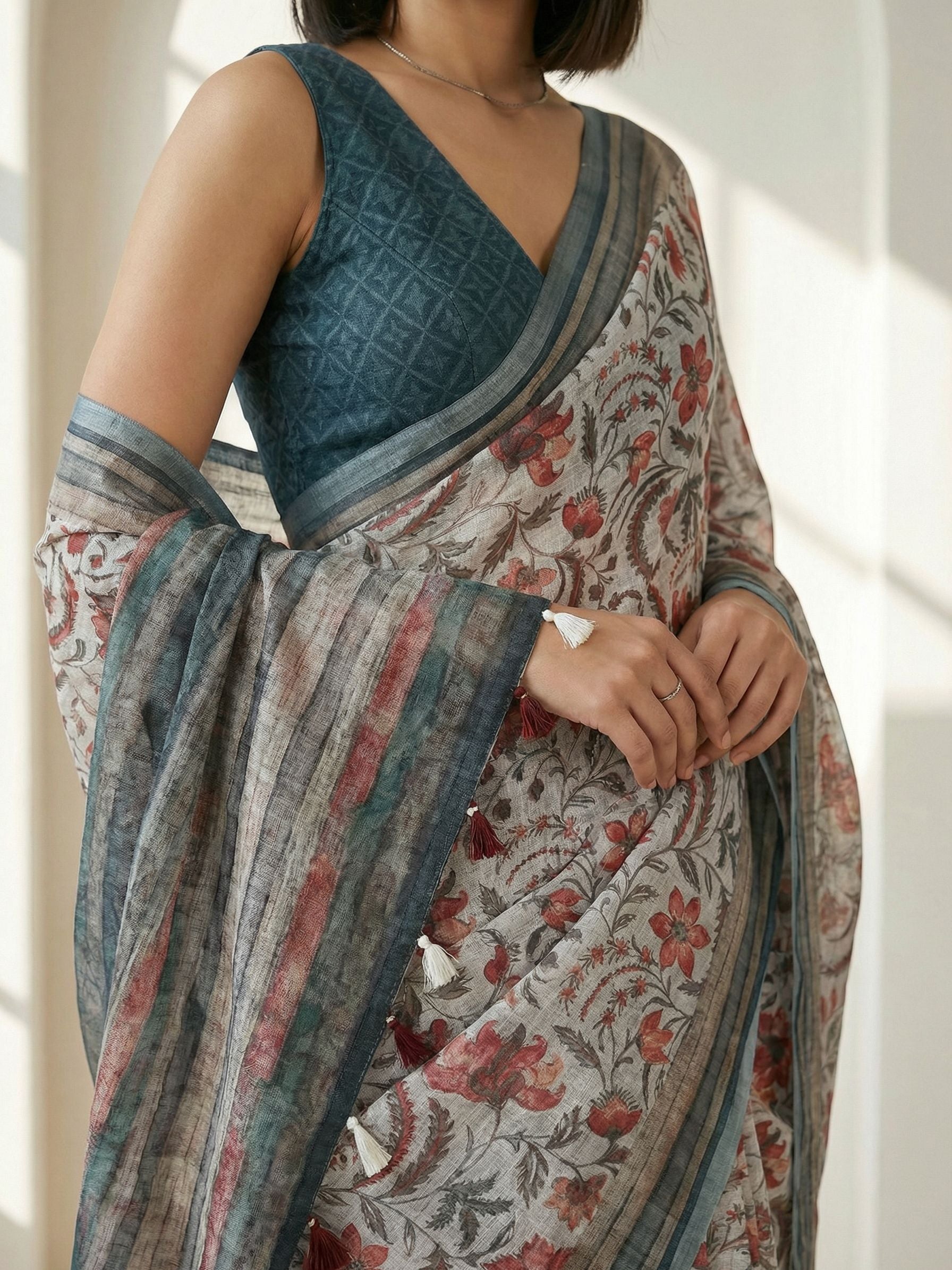 Floral Kota Linen Off-White saree