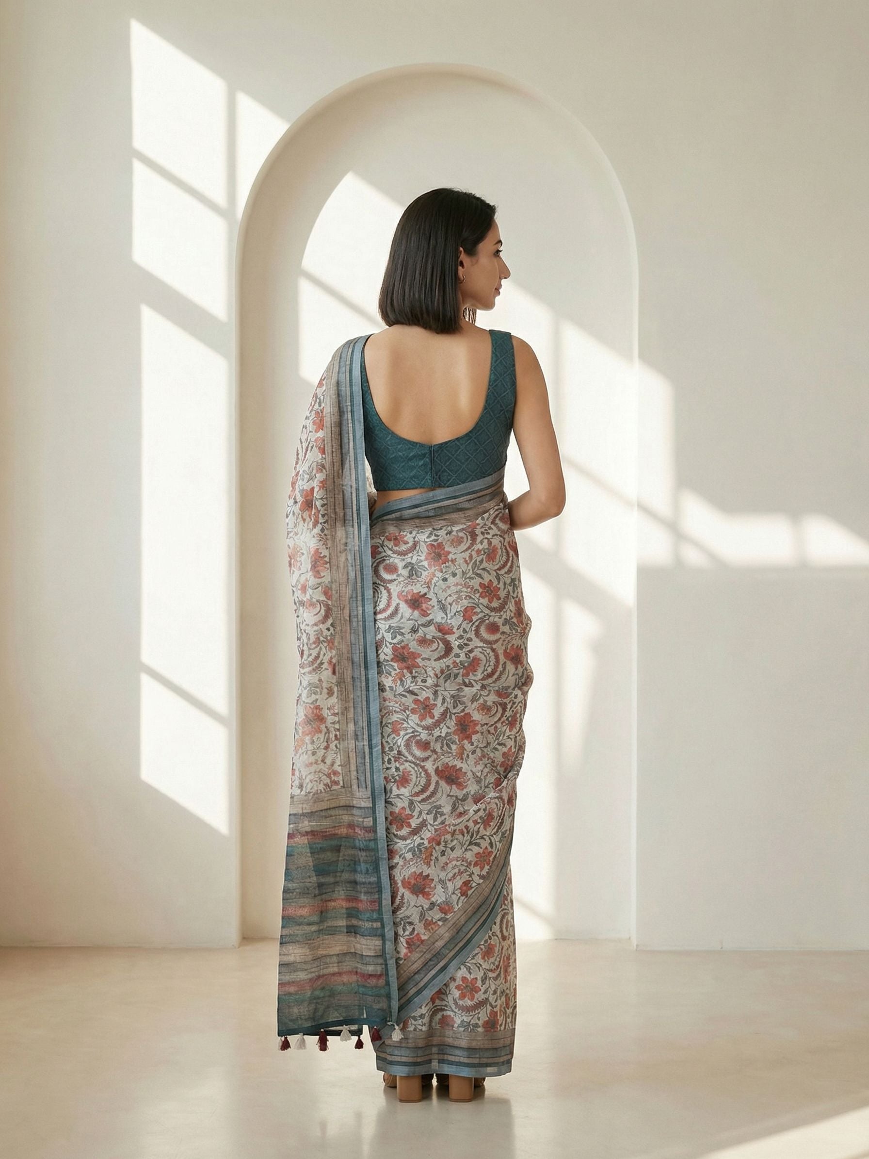 Floral Kota Linen Off-White saree