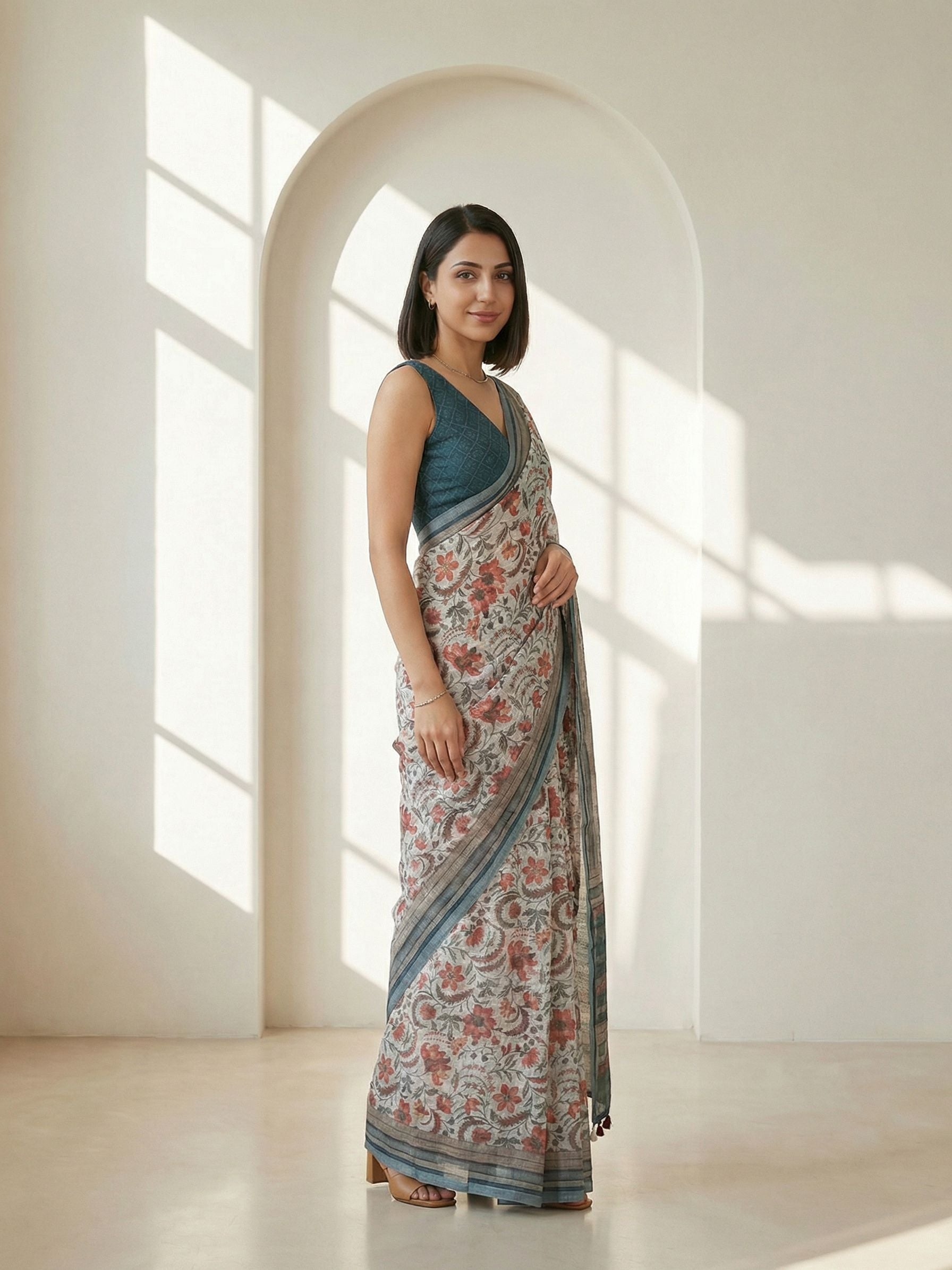 Floral Kota Linen Off-White saree