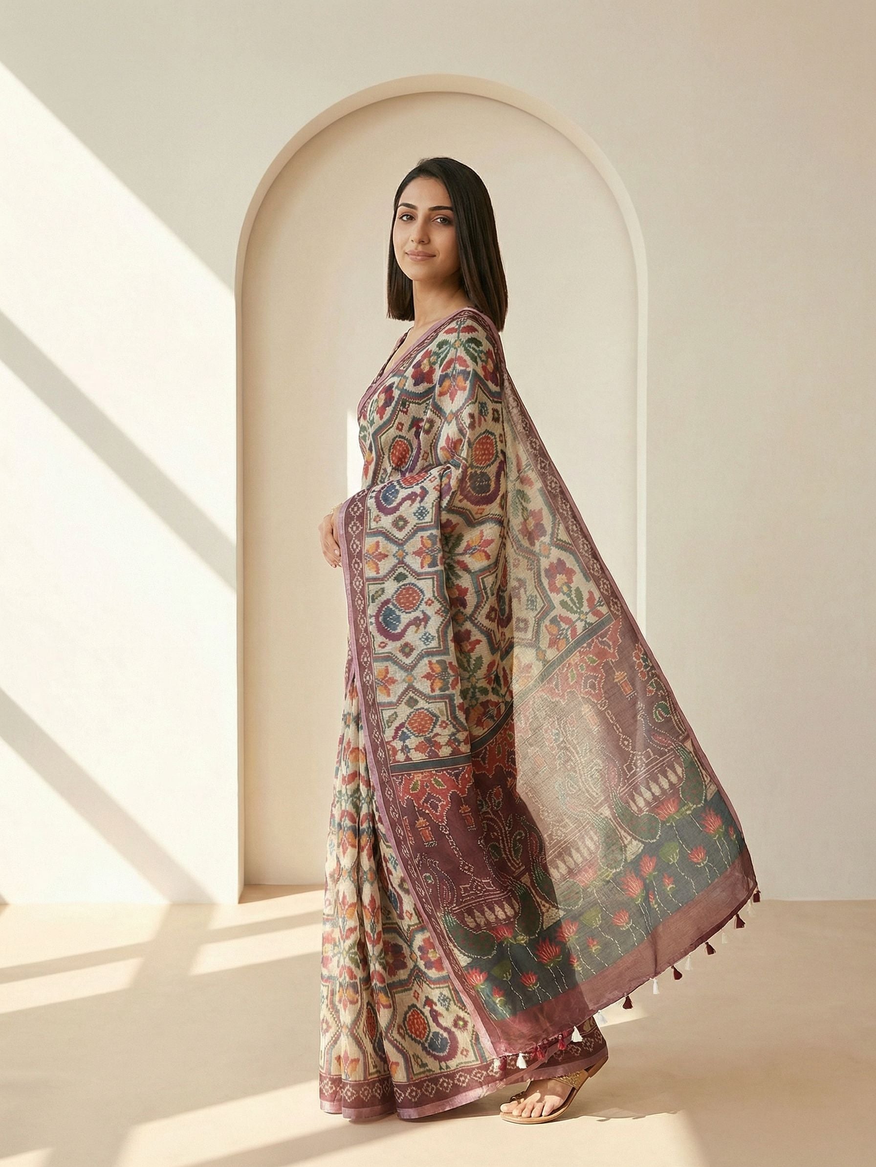 Geometric Kota Linen Maroon Saree