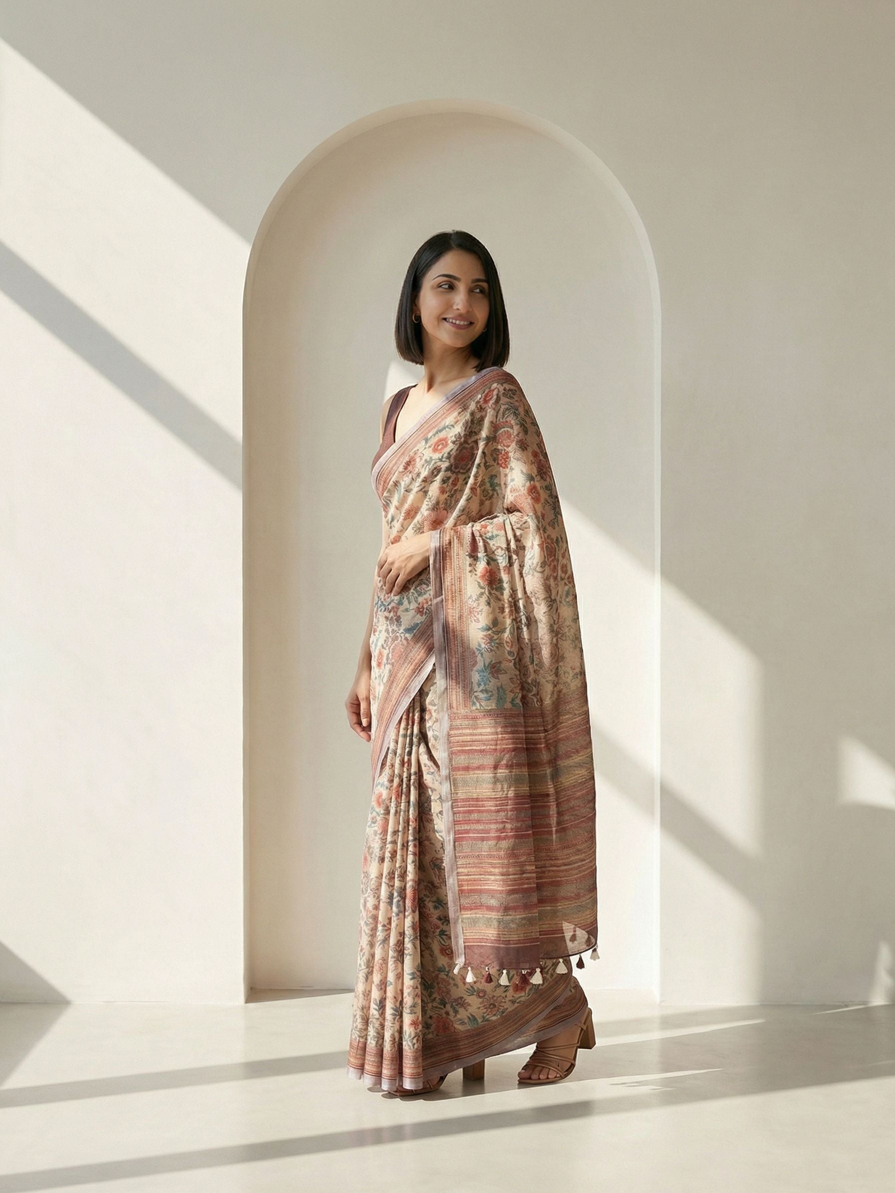 Floral Kota Linen Beige saree
