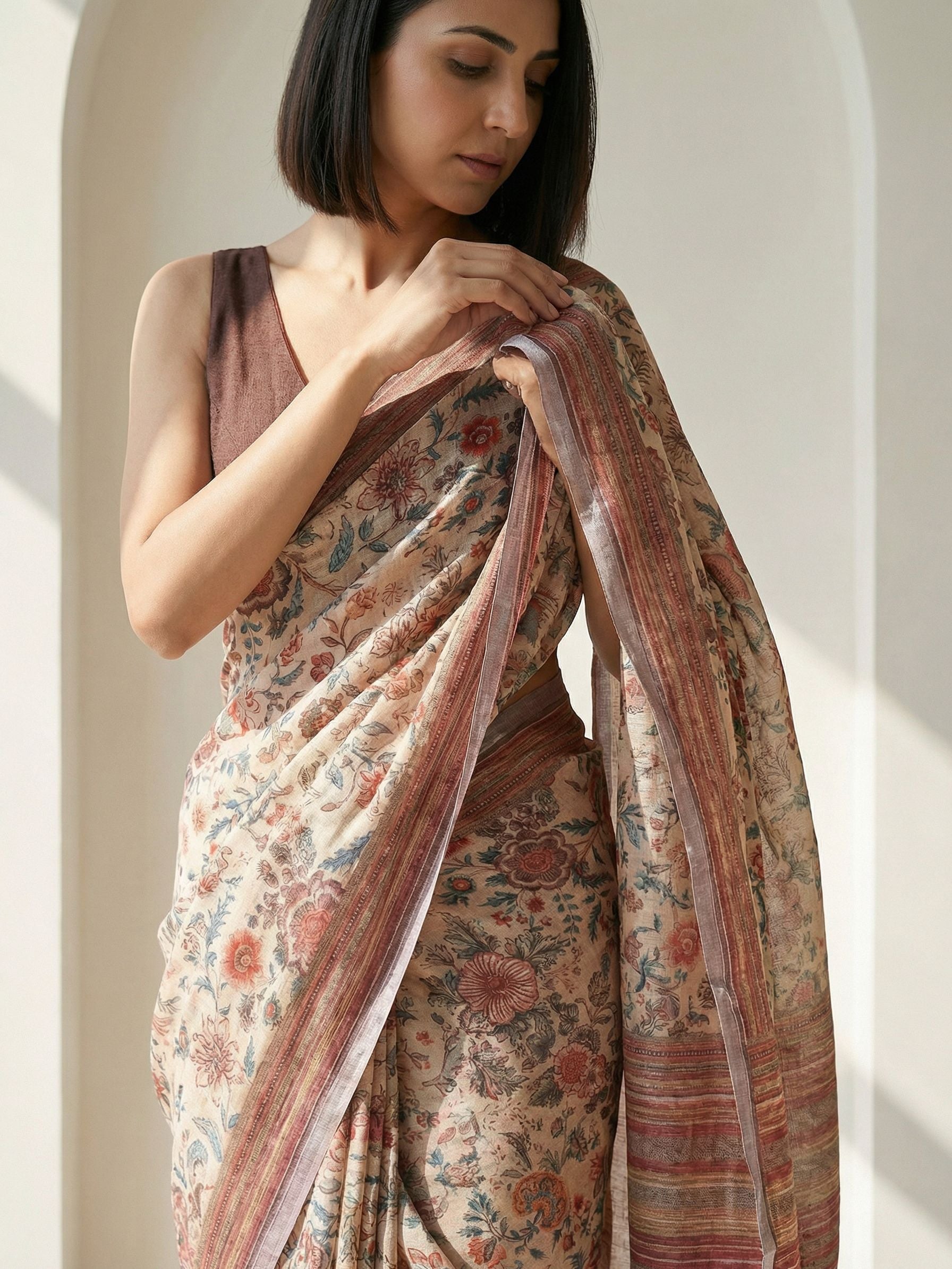 Floral Kota Linen Beige saree
