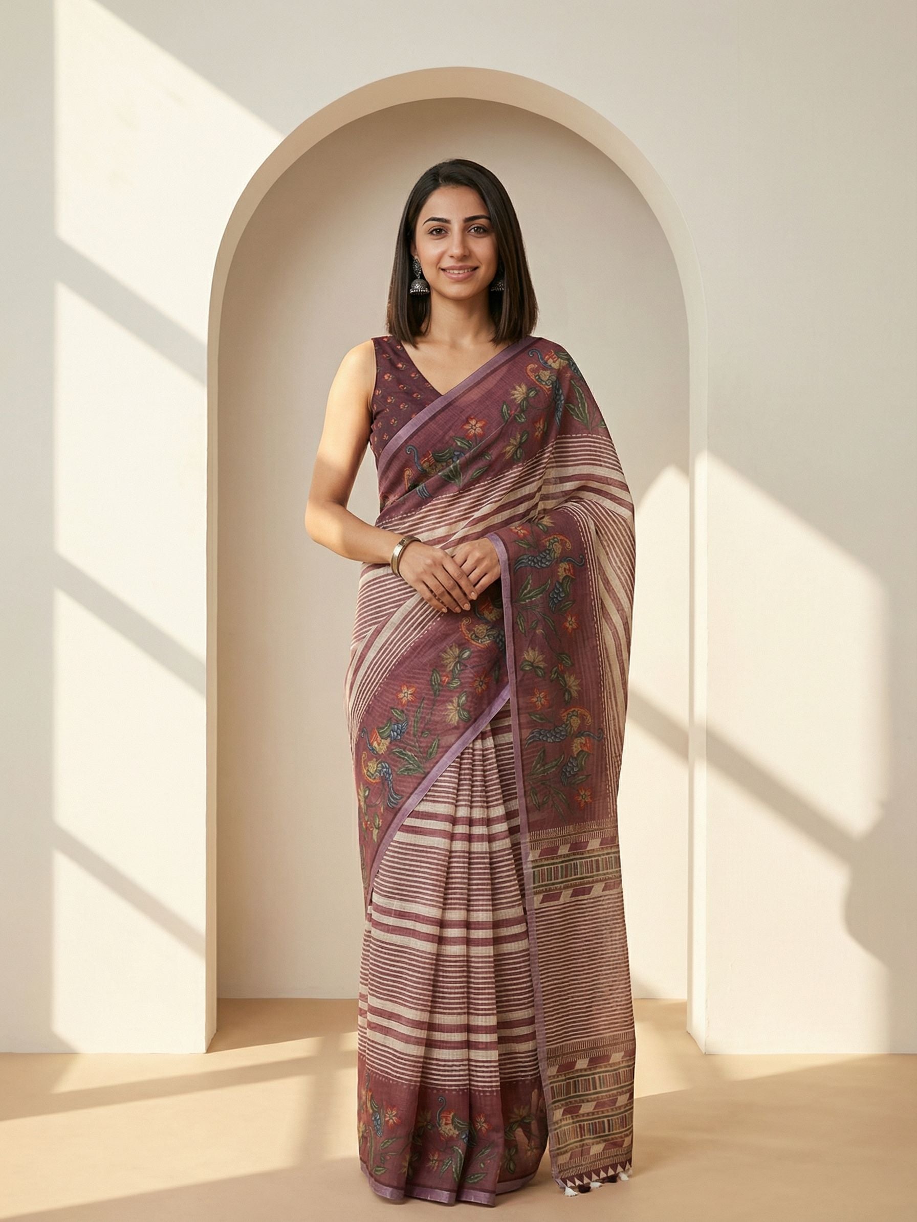Striped Kota Linen Maroon saree