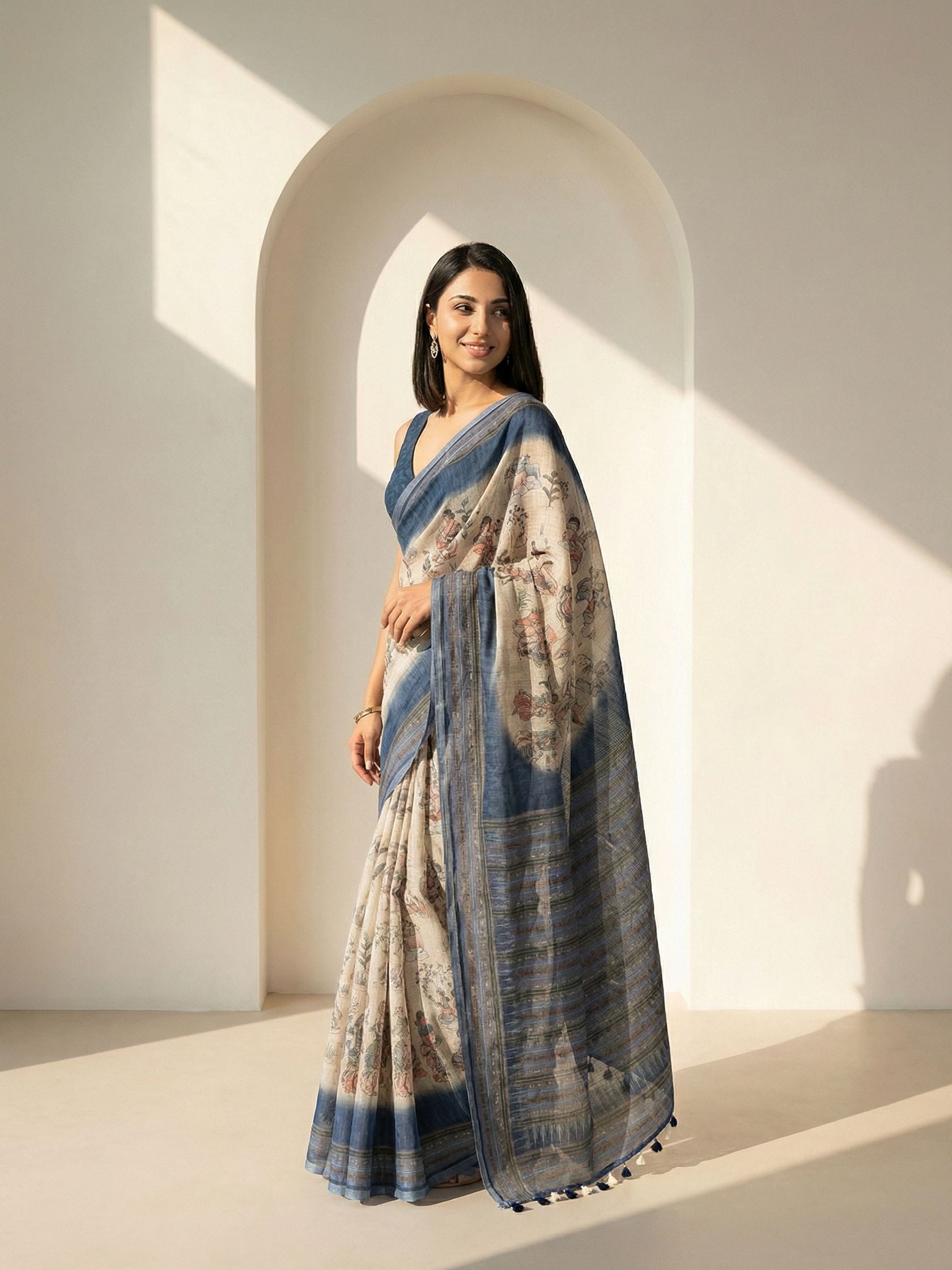 Ethnic Motifs Kota Linen Blue Saree