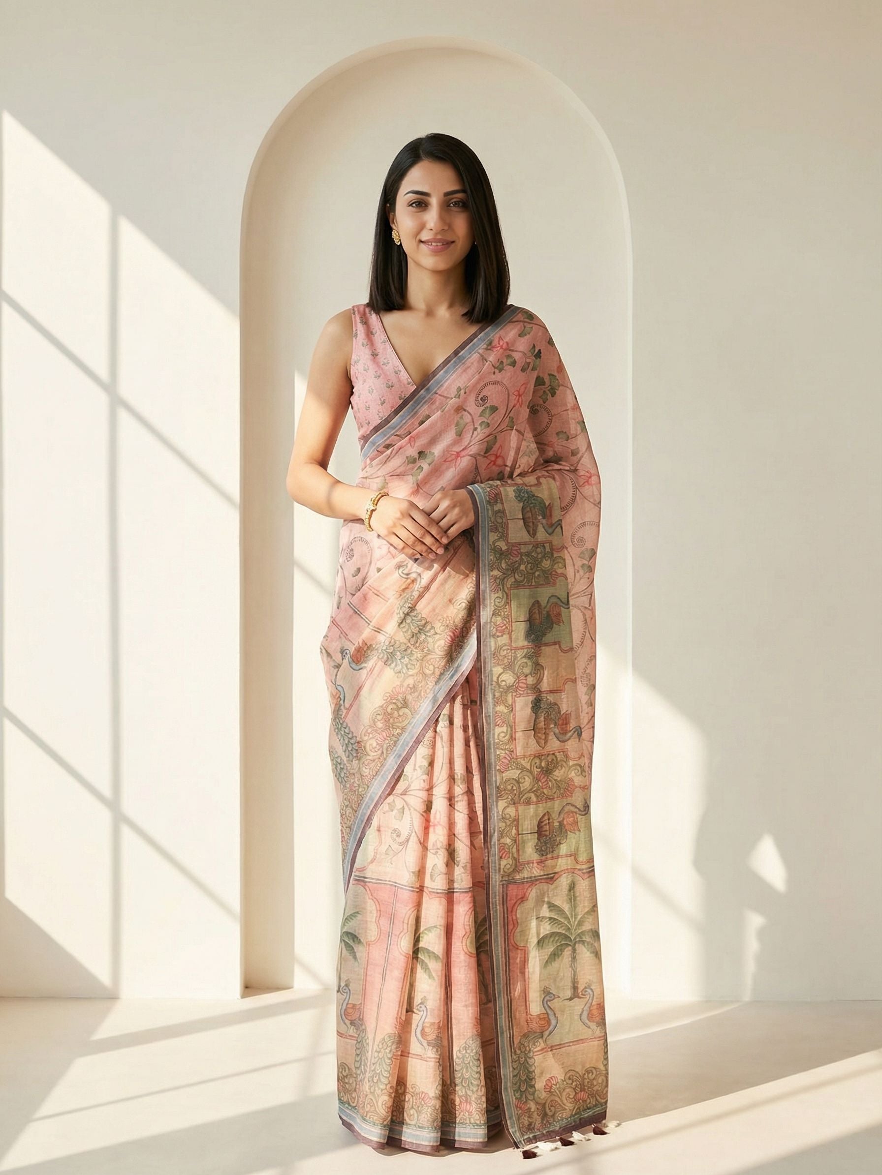 Ethnic Motifs Kota Linen Peach saree