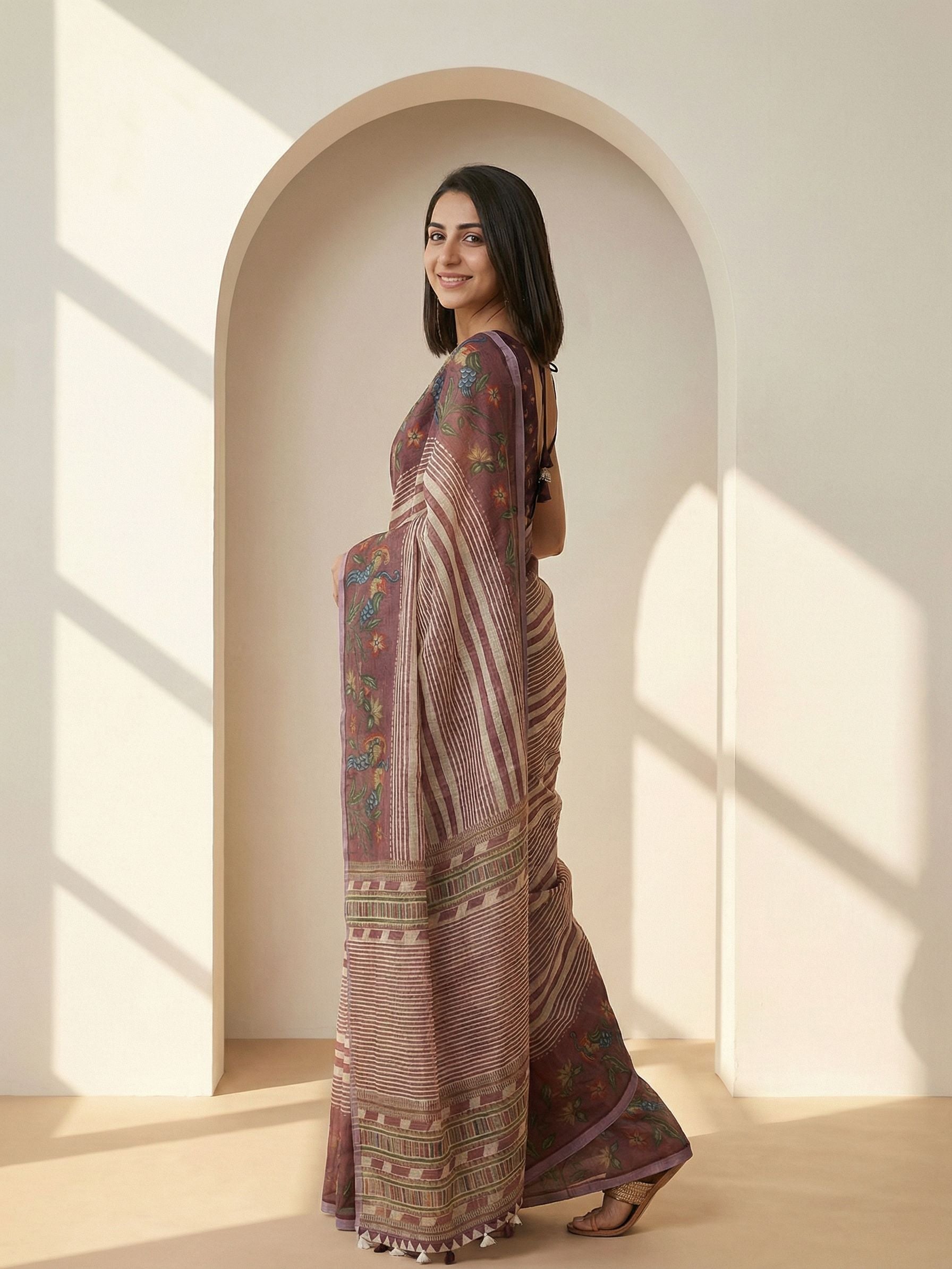 Striped Kota Linen Maroon saree
