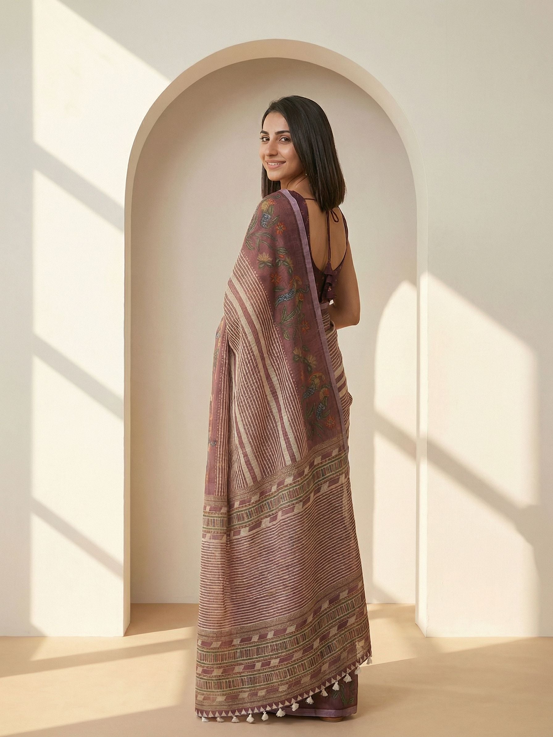 Striped Kota Linen Maroon saree