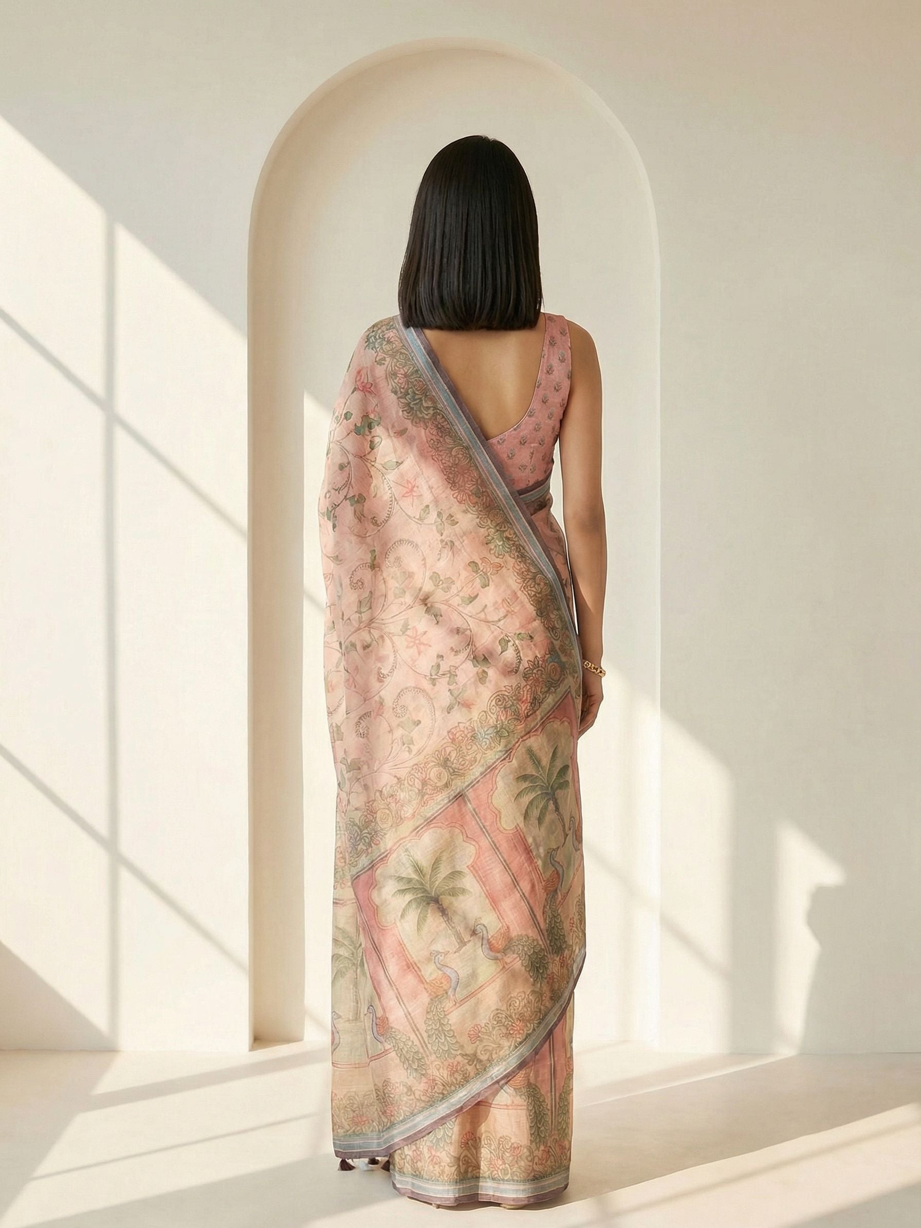 Ethnic Motifs Kota Linen Peach saree