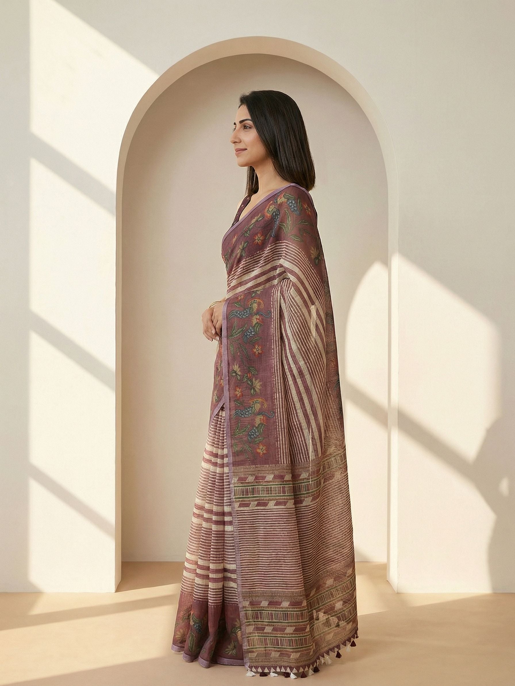 Striped Kota Linen Maroon saree