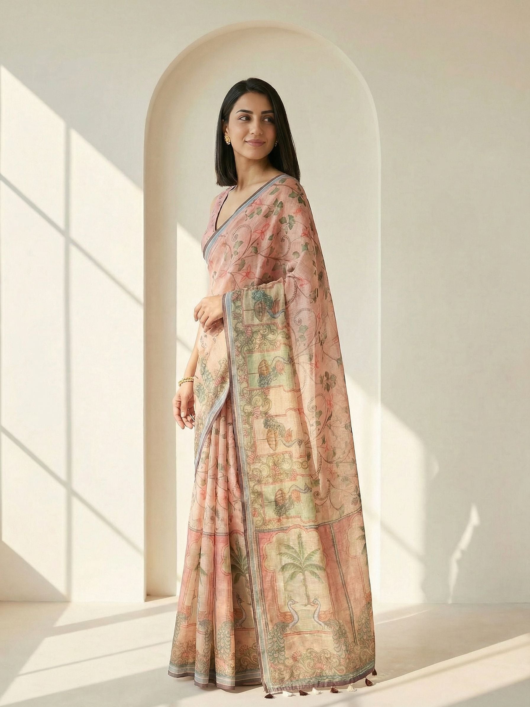 Ethnic Motifs Kota Linen Peach saree