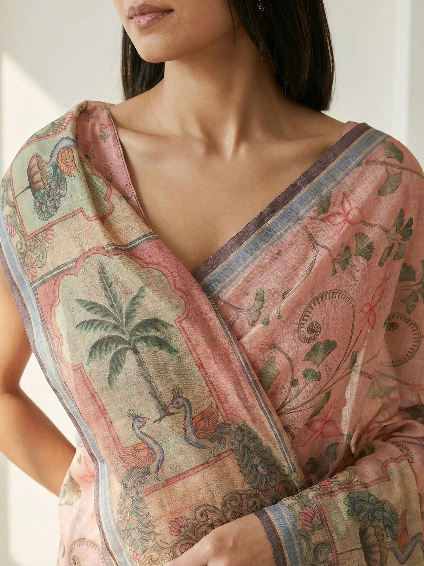 Ethnic Motifs Kota Linen Peach saree