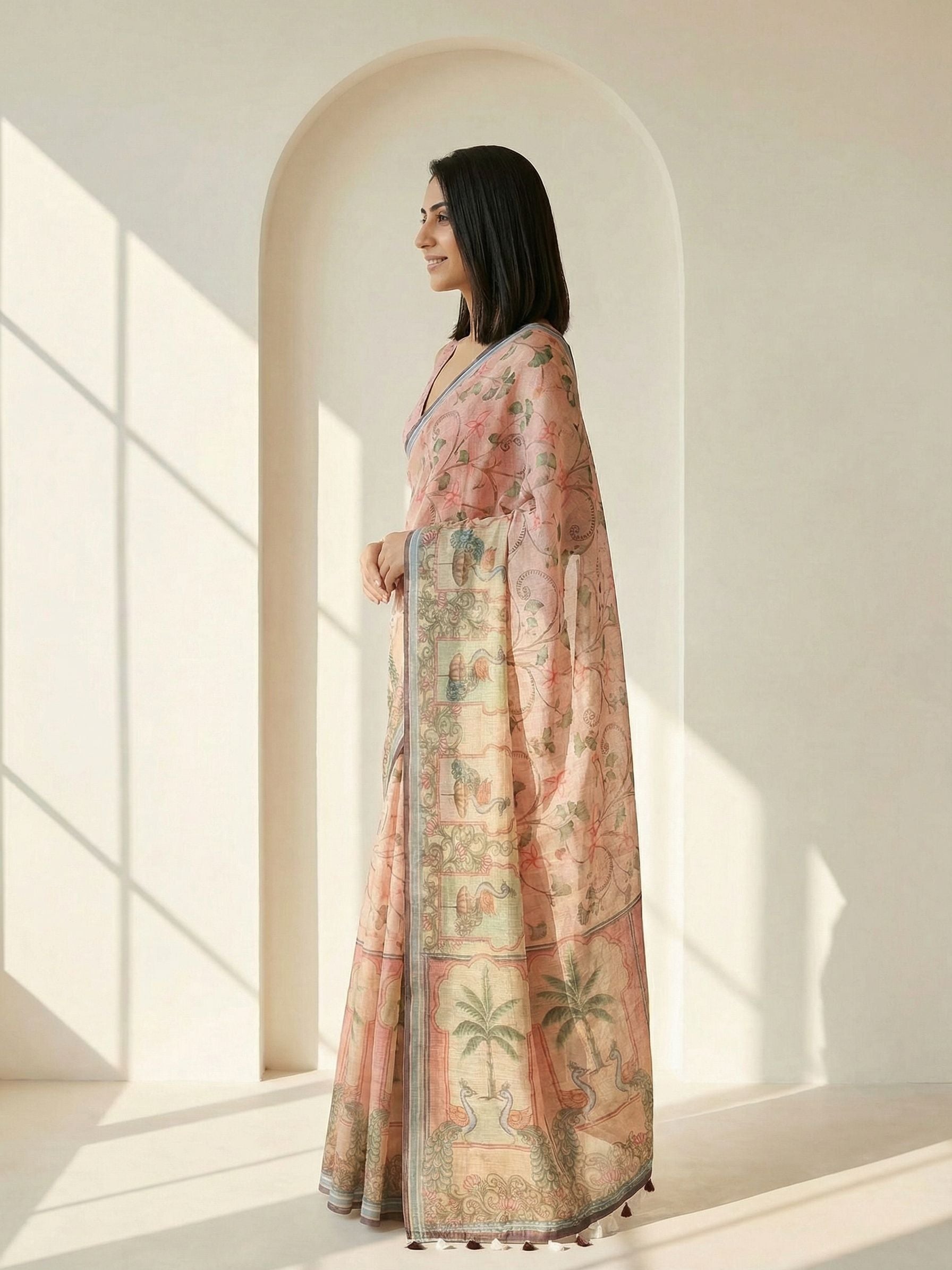 Ethnic Motifs Kota Linen Peach saree