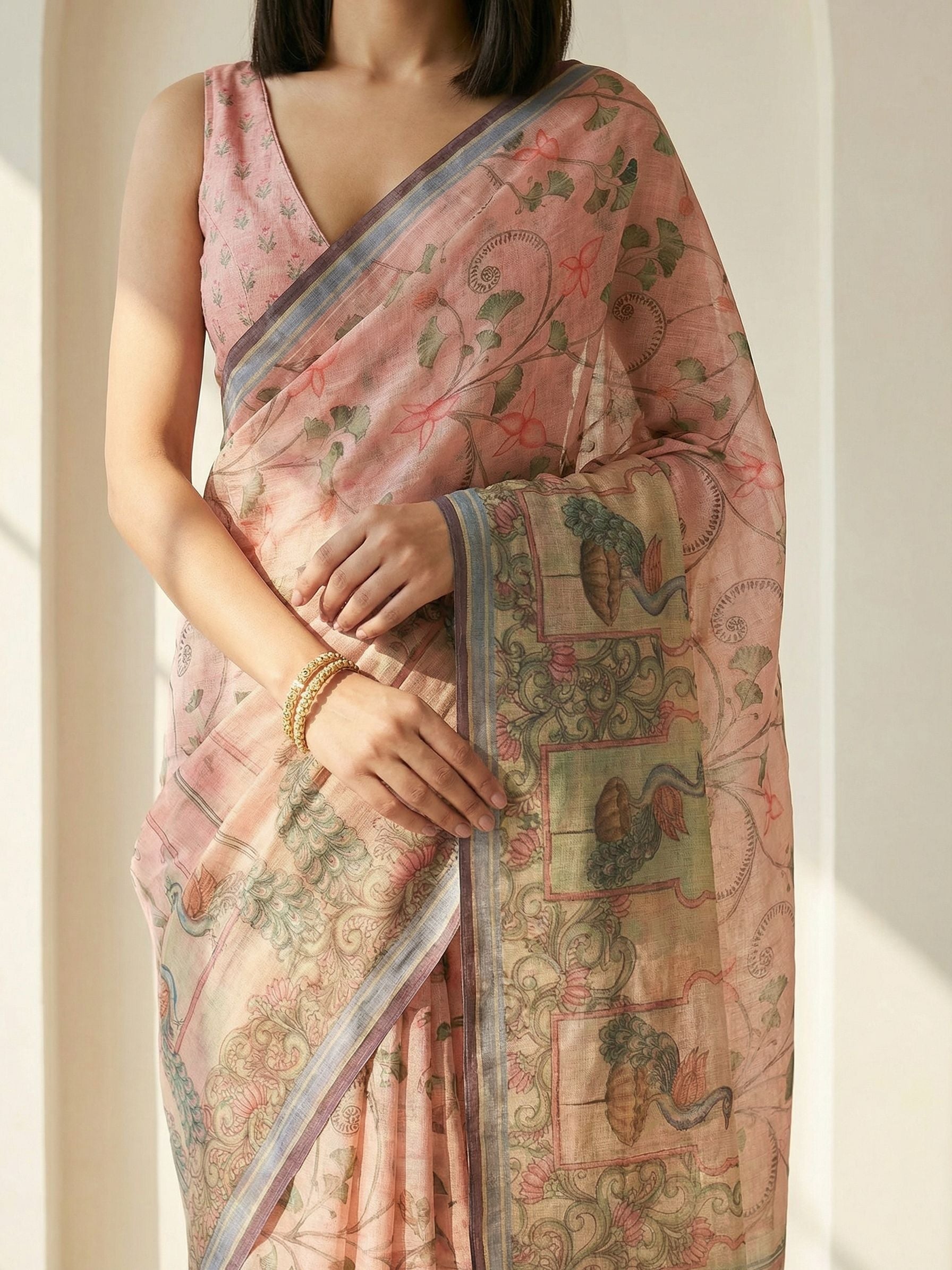 Ethnic Motifs Kota Linen Peach saree