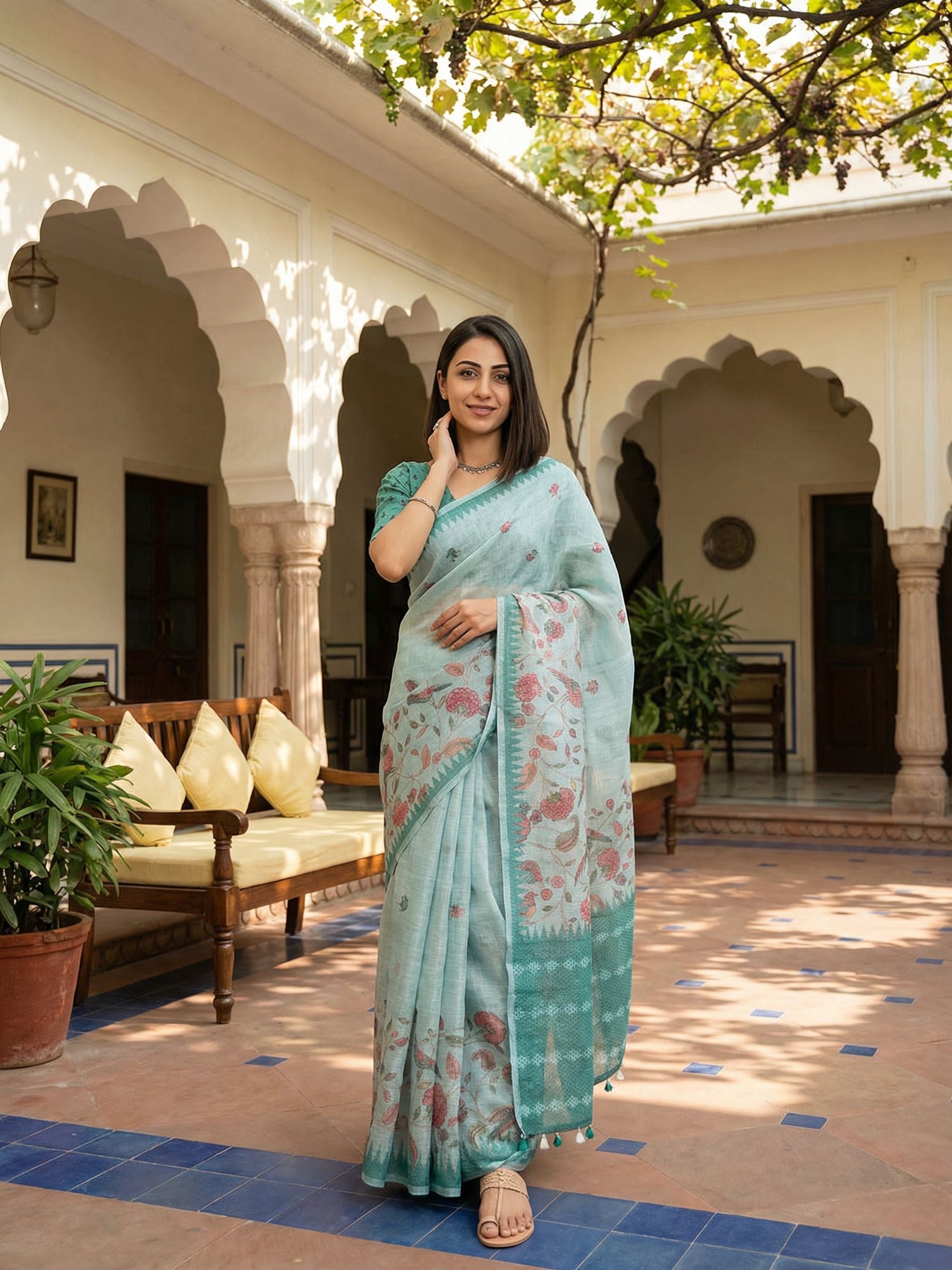 Floral Kota Linen Sea Green saree