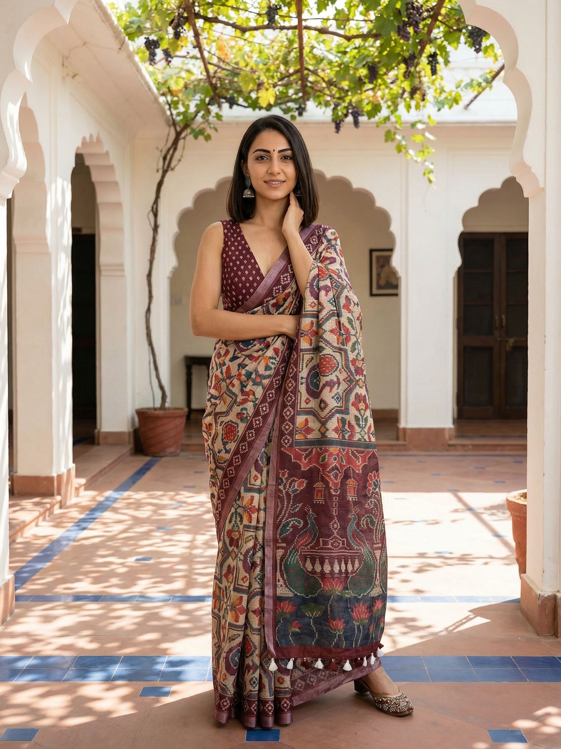 Geometric Kota Linen Maroon Saree