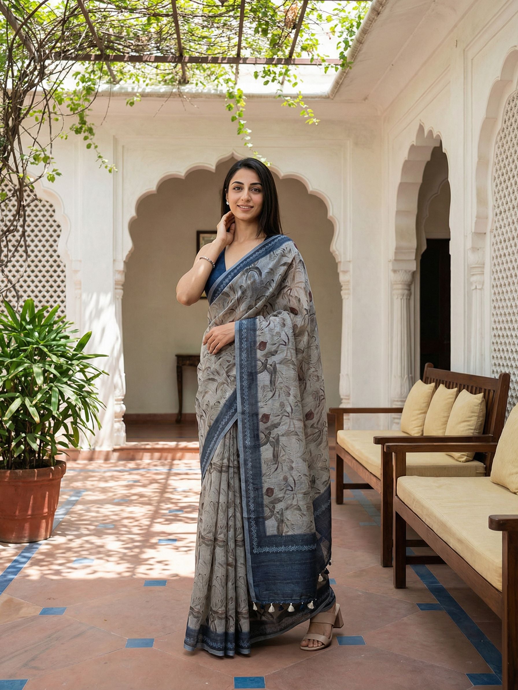 Floral Kota Linen Beige Saree