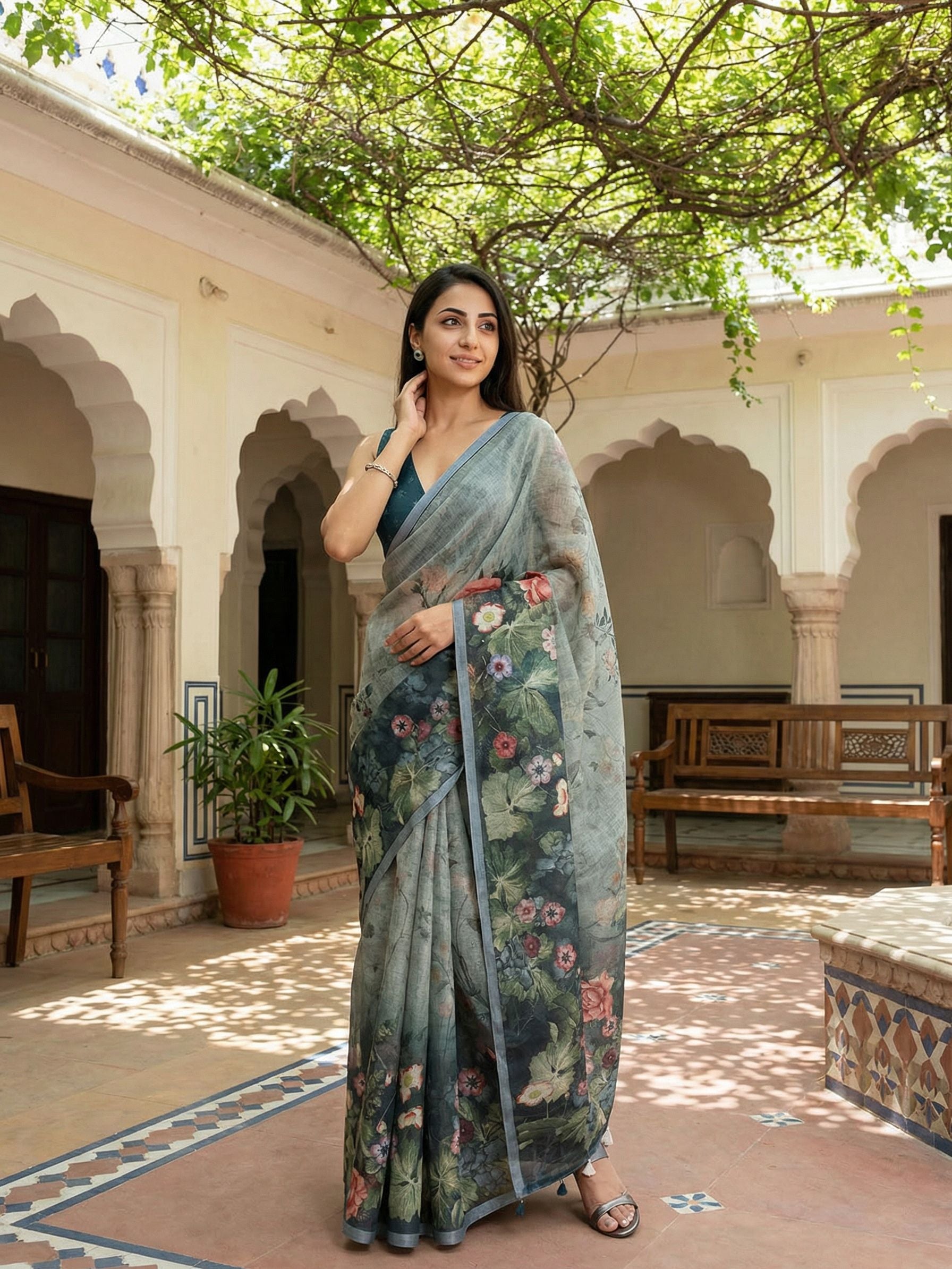 Floral Kota Linen Teal Green Saree
