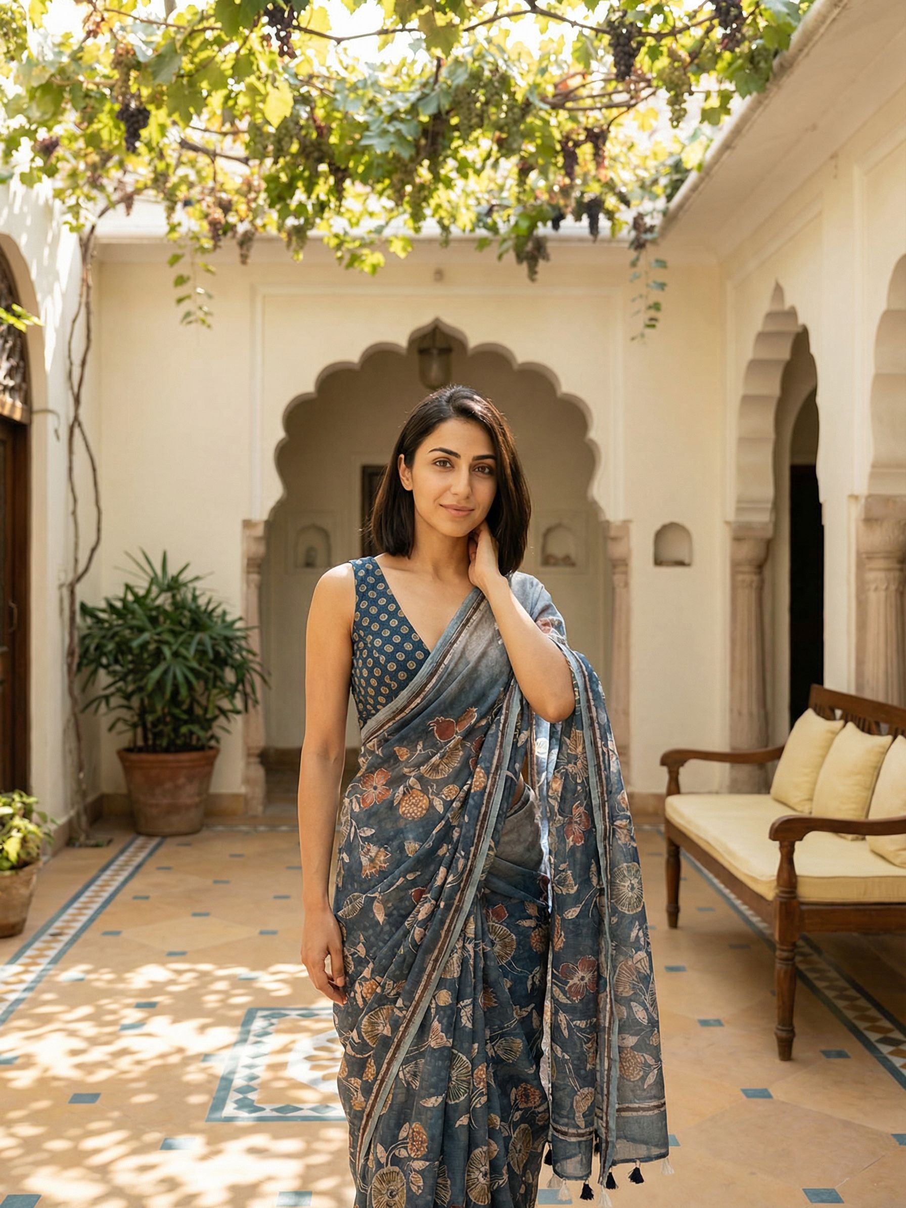 Floral Kota Linen Slate Blue Saree