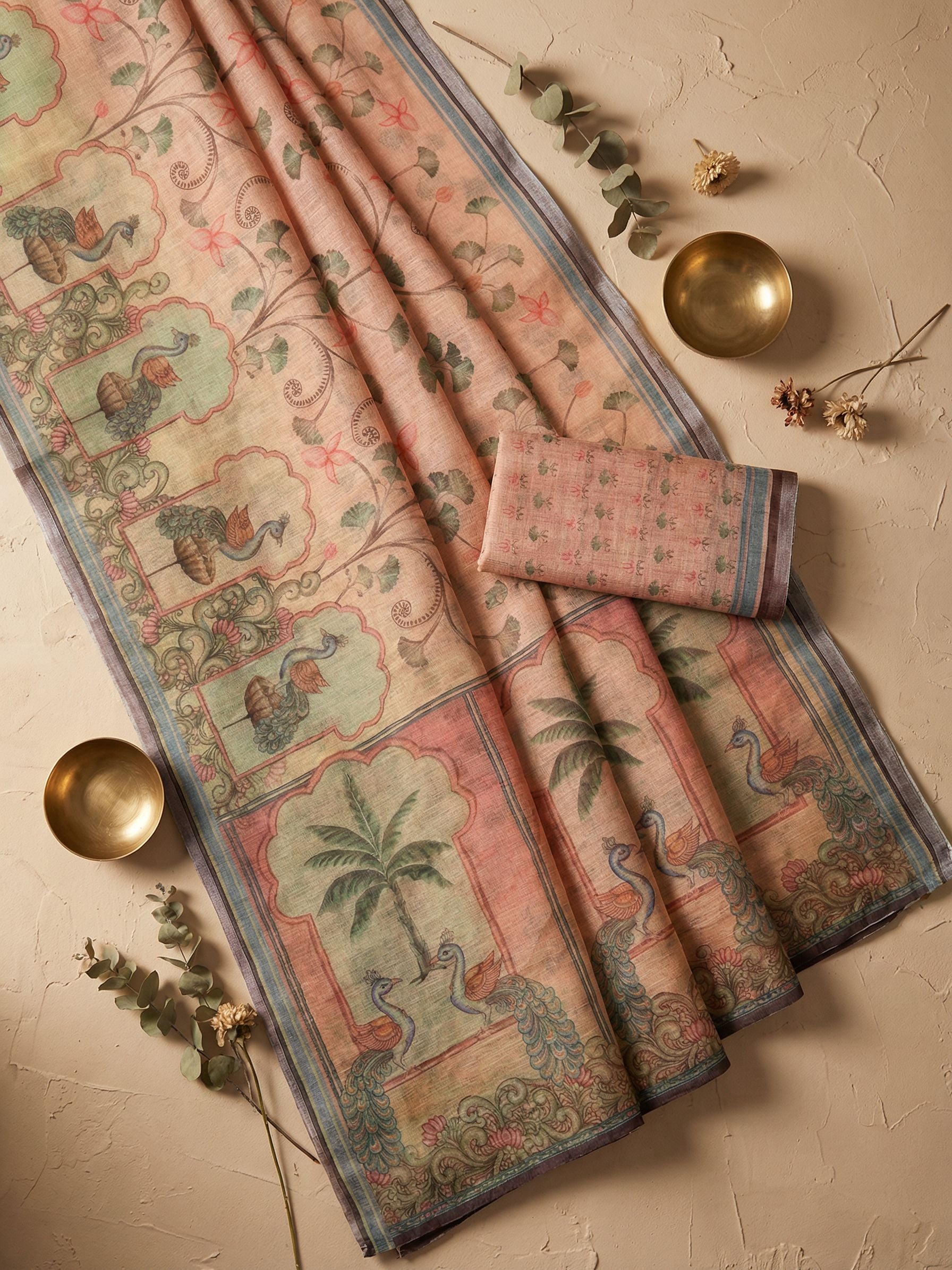 Ethnic Motifs Kota Linen Peach saree