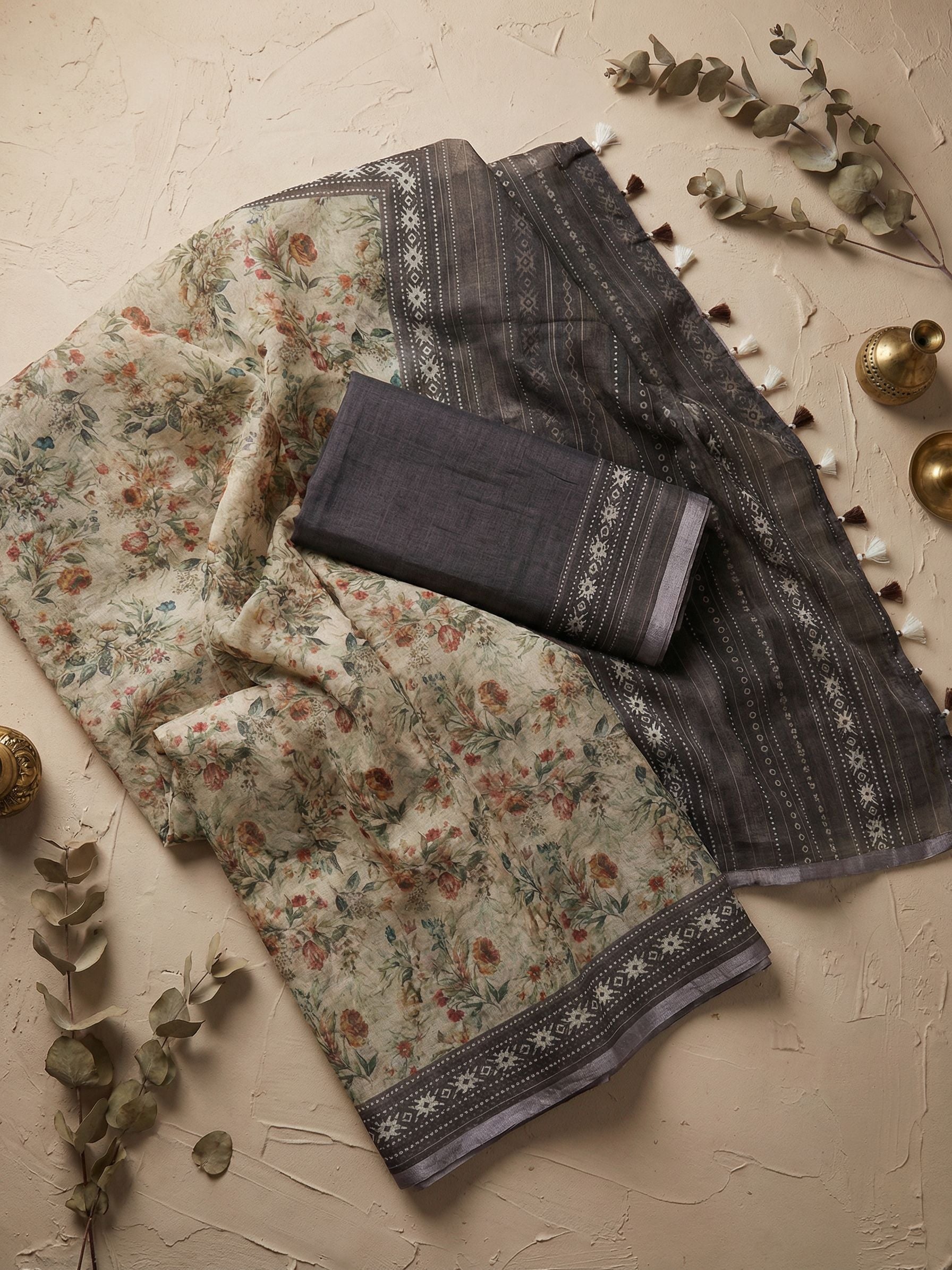 Floral Kota Linen Brown Saree