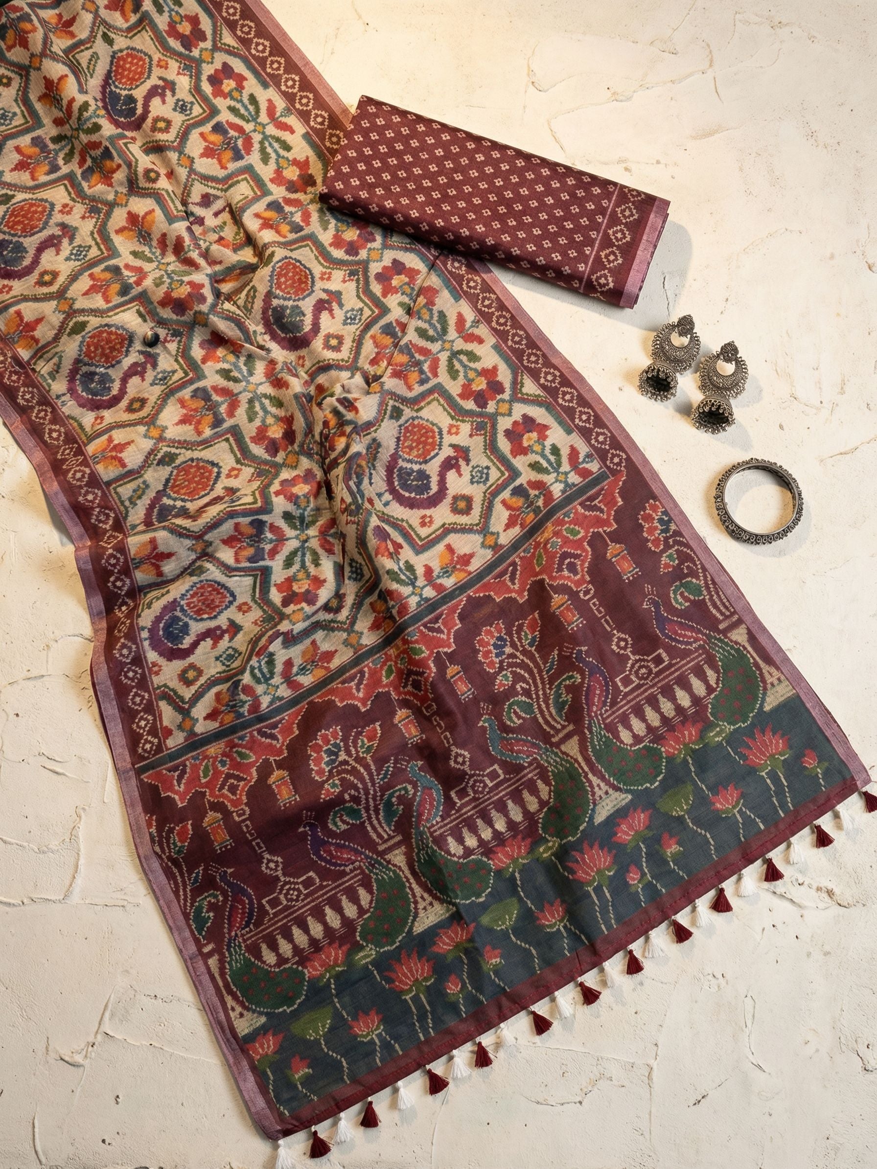 Geometric Kota Linen Maroon Saree