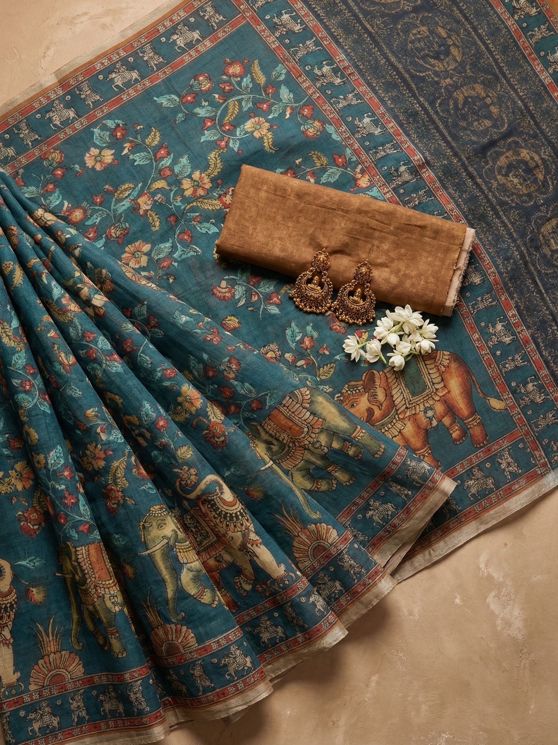 Kalamkari Kota Linen Blue saree