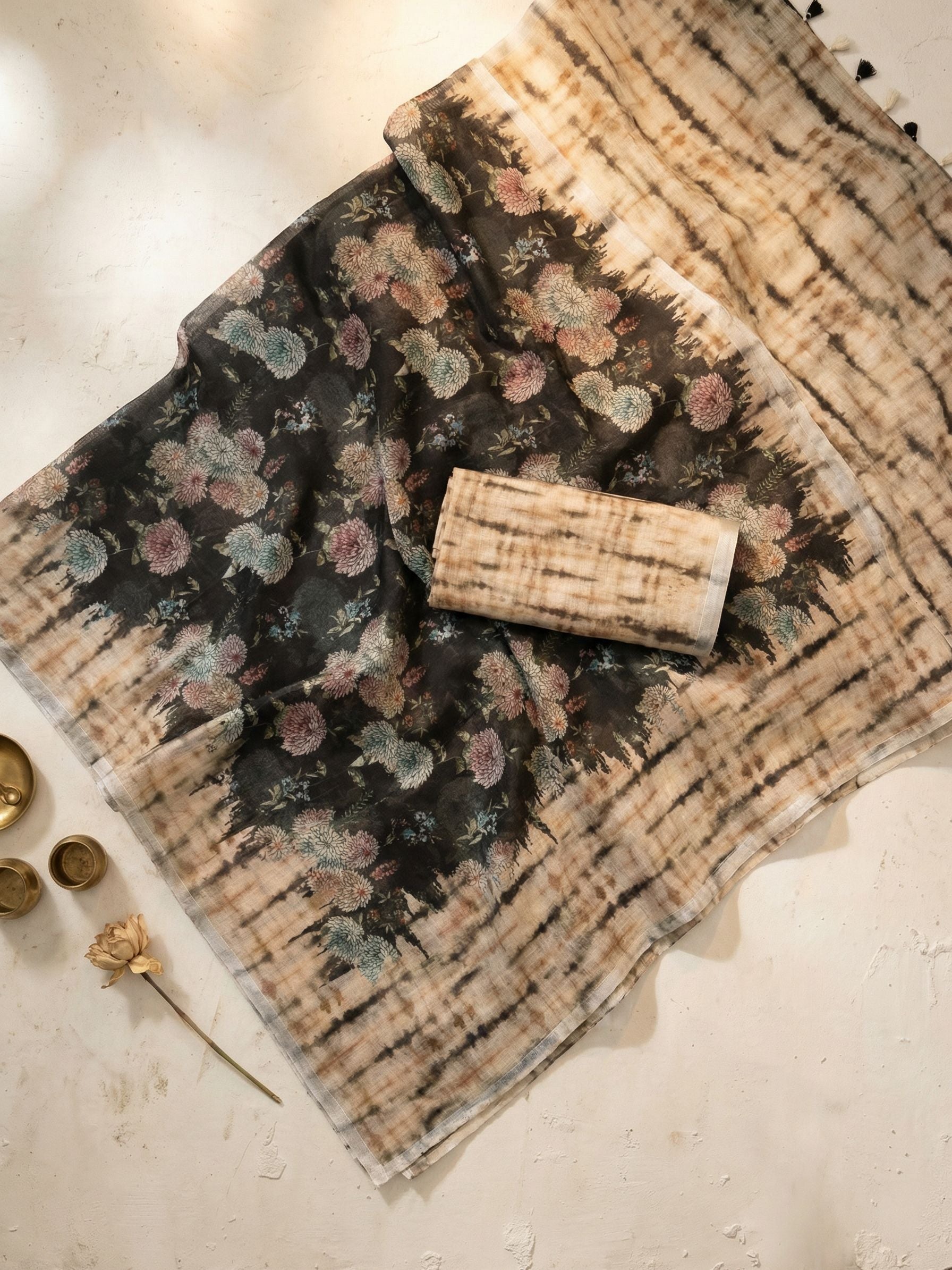 Floral Kota Linen Black Saree