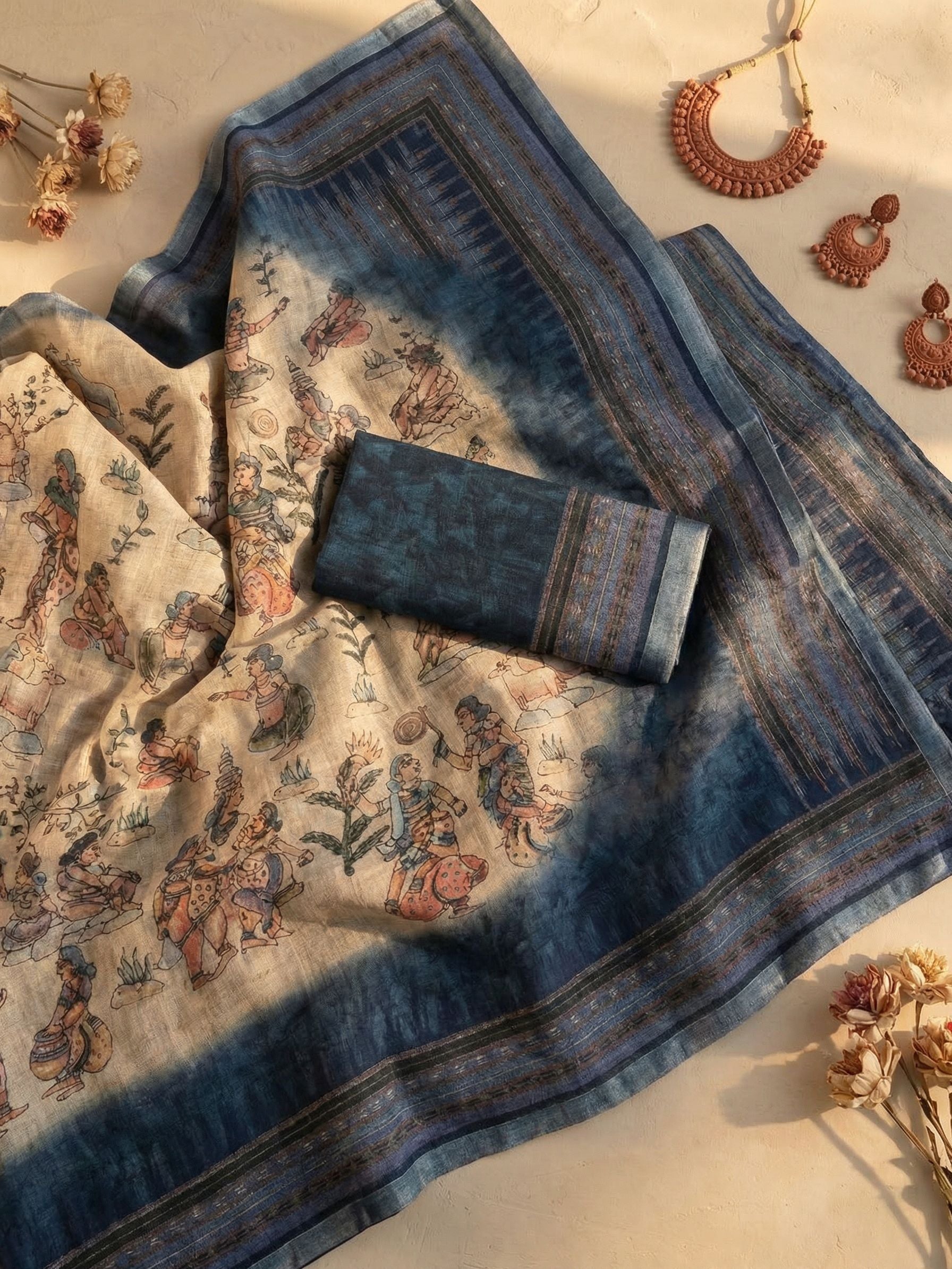 Ethnic Motifs Kota Linen Blue Saree