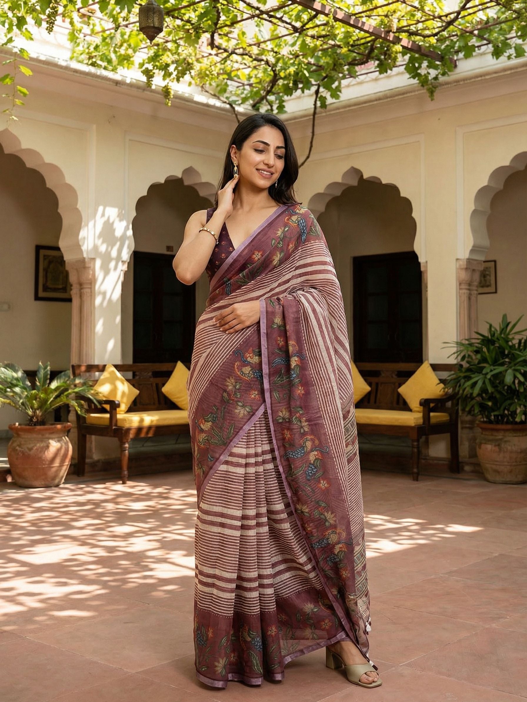 Striped Kota Linen Maroon saree