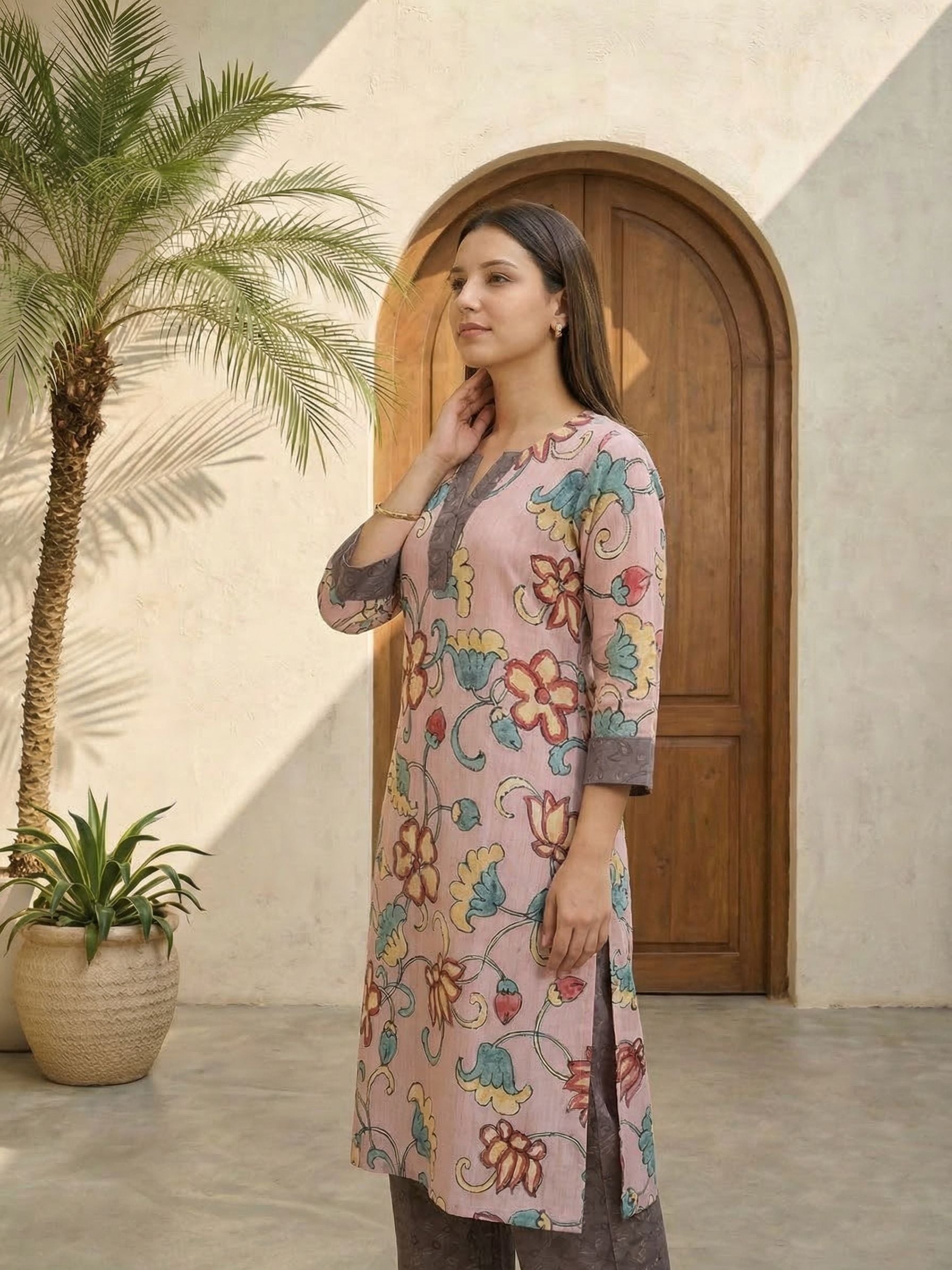 Women red printed cotton kurta co-ord set with trousers