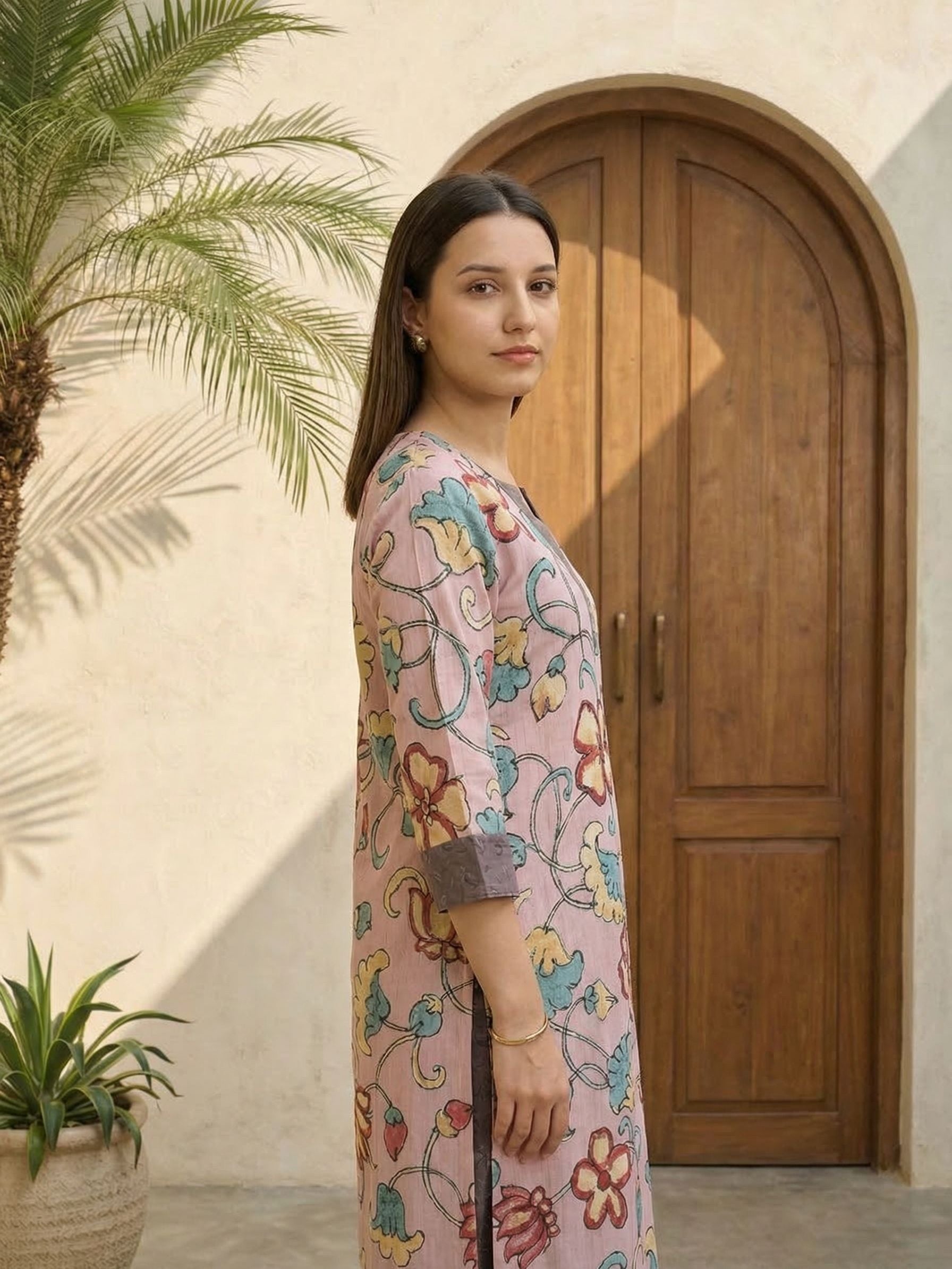 Women red printed cotton kurta co-ord set with trousers